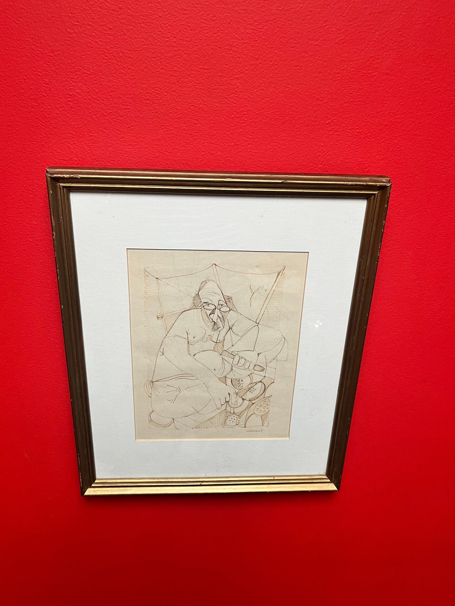 Spectacular 16 x 13 wide original etching signed Vincent in gilt  frame  in the style of Vincent van Gogh  fabulous look