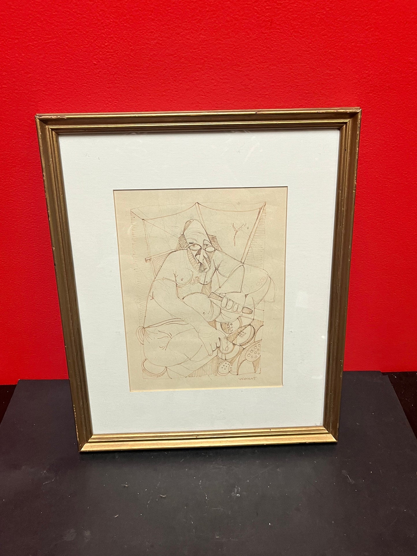 Spectacular 16 x 13 wide original etching signed Vincent in gilt  frame  in the style of Vincent van Gogh  fabulous look