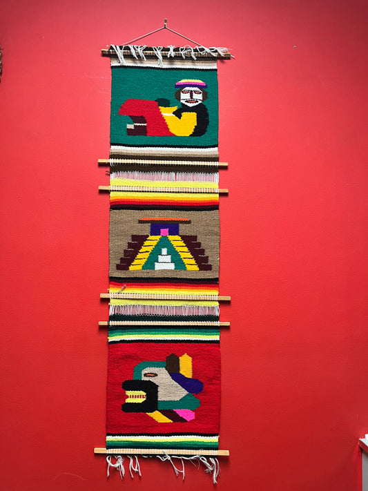 A  vintage wool  South American Aztec imagery - approximate 48 x 14  - wool handmade wall hanging   wow