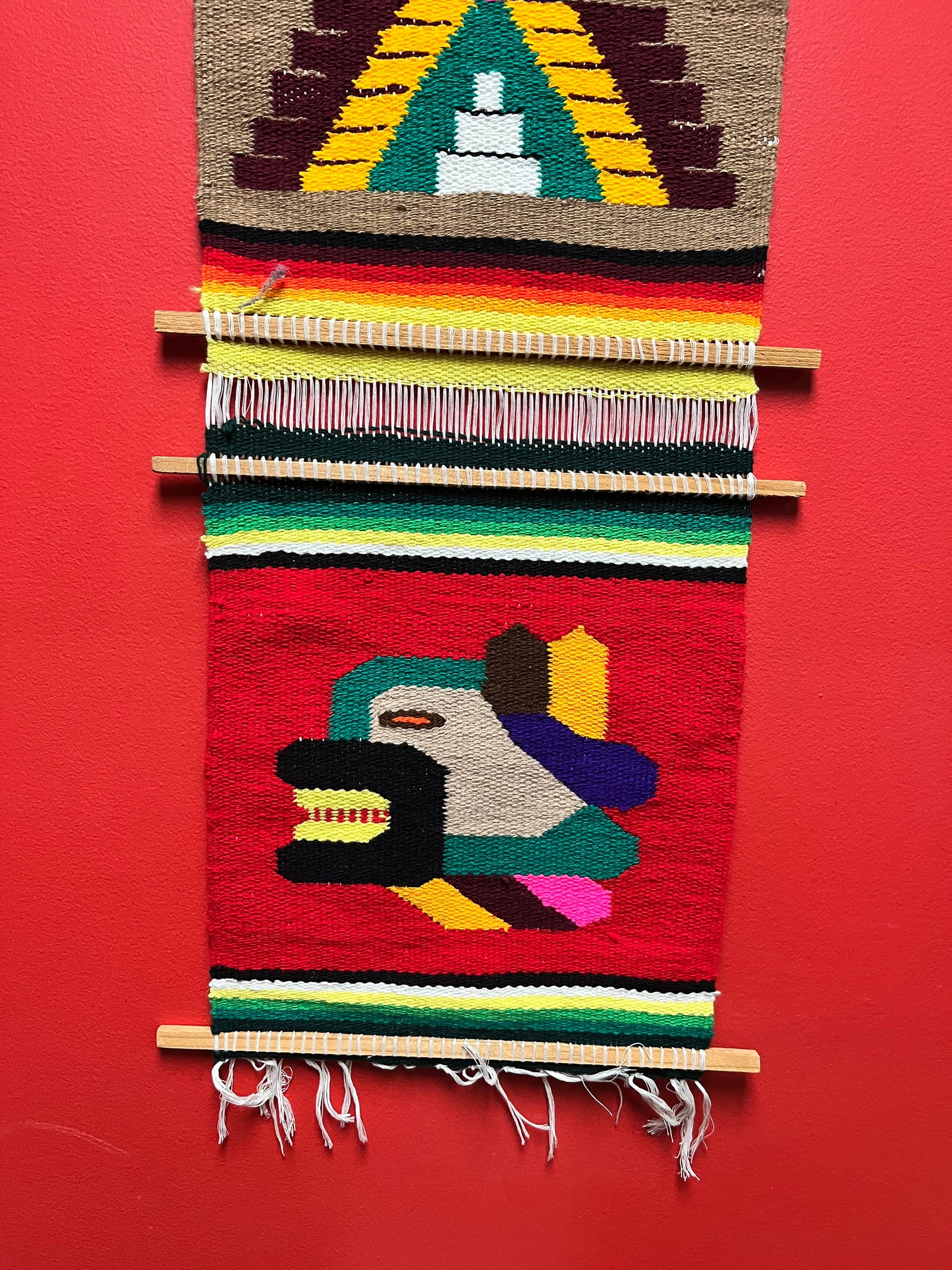 A  vintage wool  South American Aztec imagery - approximate 48 x 14  - wool handmade wall hanging   wow