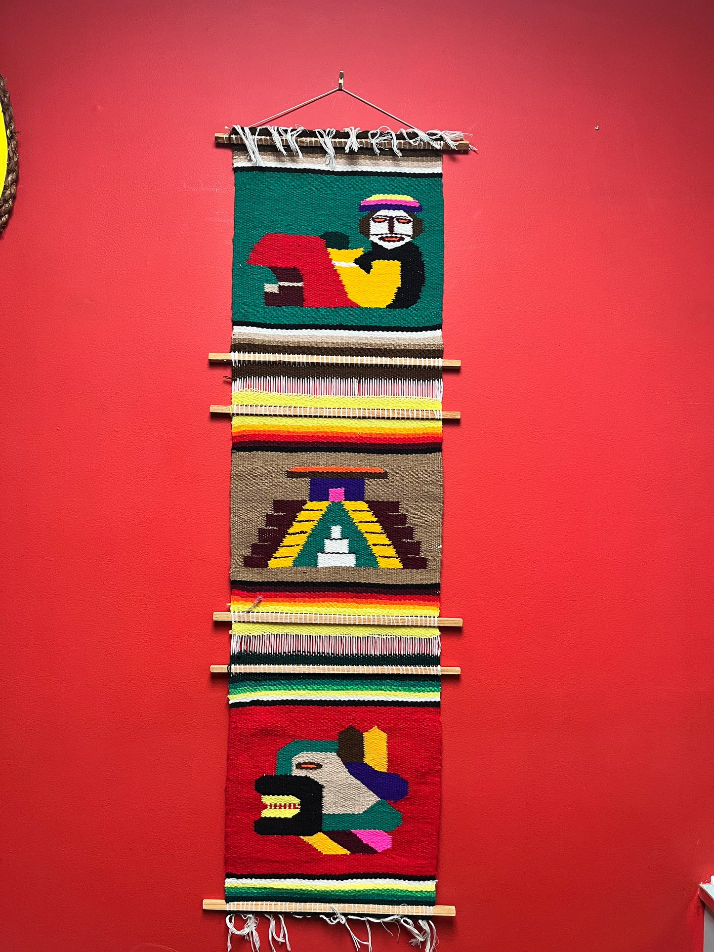 A  vintage wool  South American Aztec imagery - approximate 48 x 14  - wool handmade wall hanging   wow