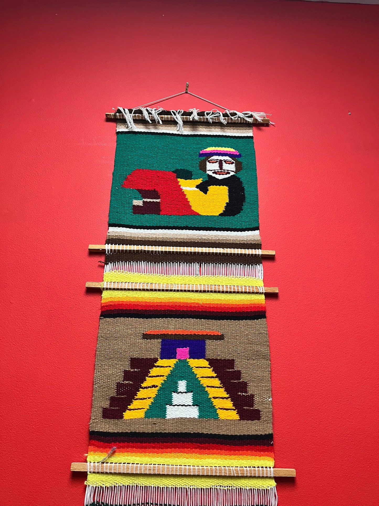 A  vintage wool  South American Aztec imagery - approximate 48 x 14  - wool handmade wall hanging   wow