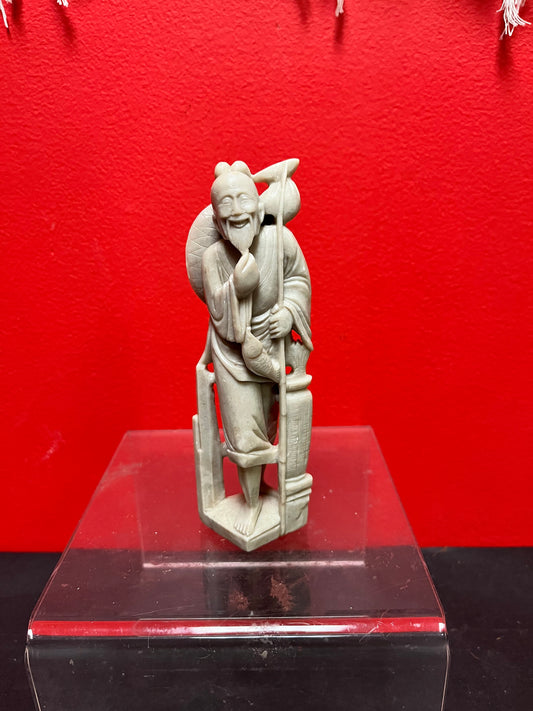 Lovely well detailed Chinese old 7 inch tall soapstone fisherman statue  good value