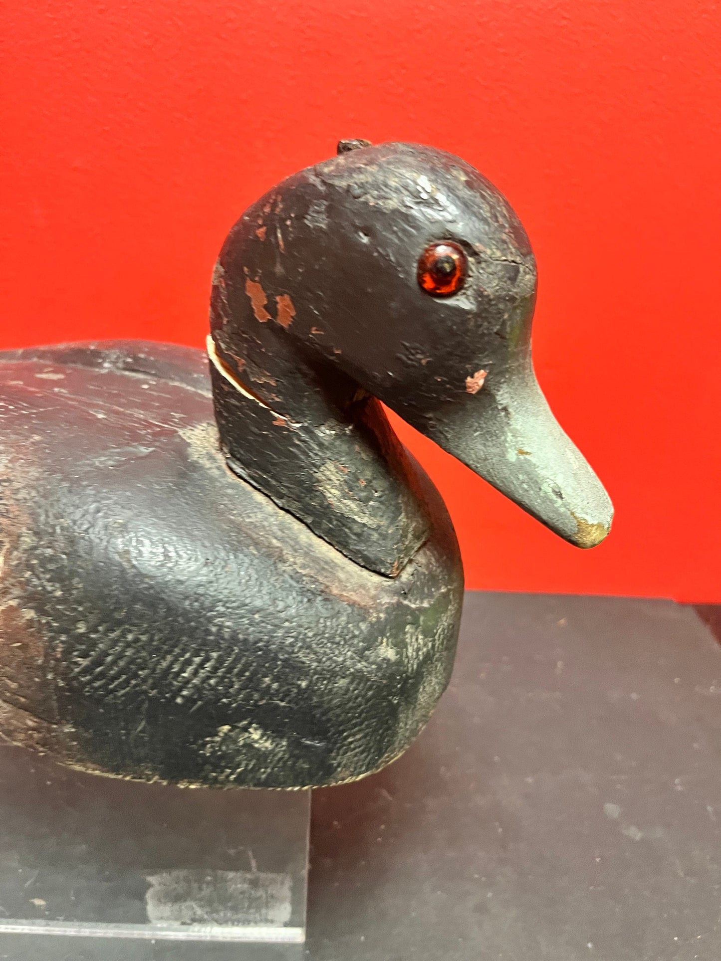 Lovely 14 by 6.5 inch high antique Canadian late 19 century duck decoy  wonderful patina, and a crack in the neck  wow