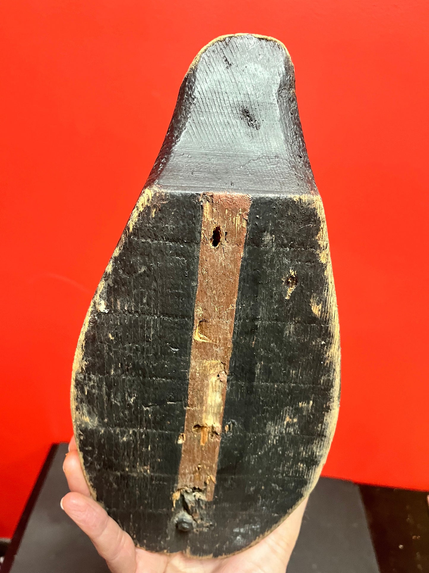 Lovely 14 by 6.5 inch high antique Canadian late 19 century duck decoy  wonderful patina, and a crack in the neck  wow