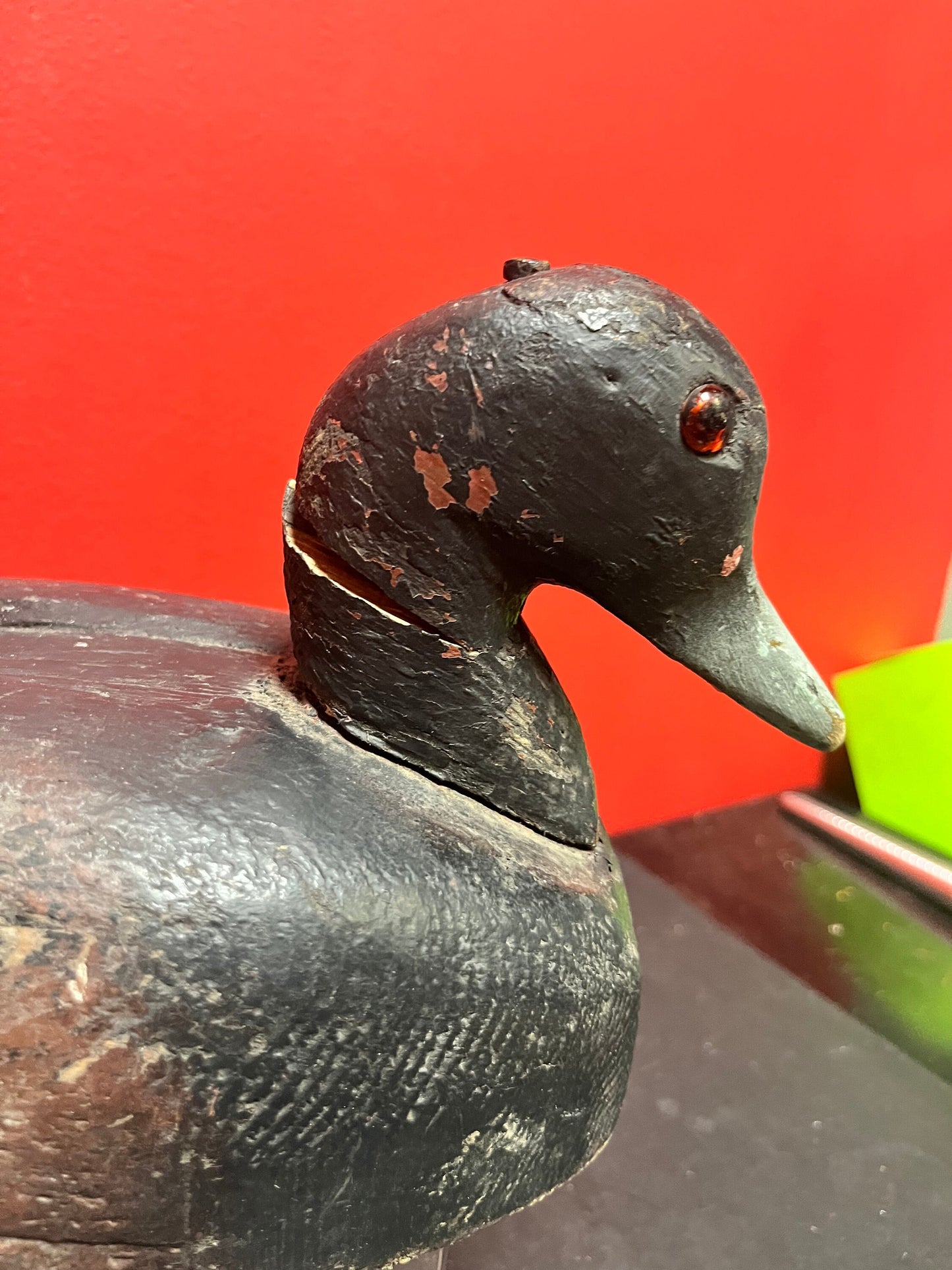 Lovely 14 by 6.5 inch high antique Canadian late 19 century duck decoy  wonderful patina, and a crack in the neck  wow