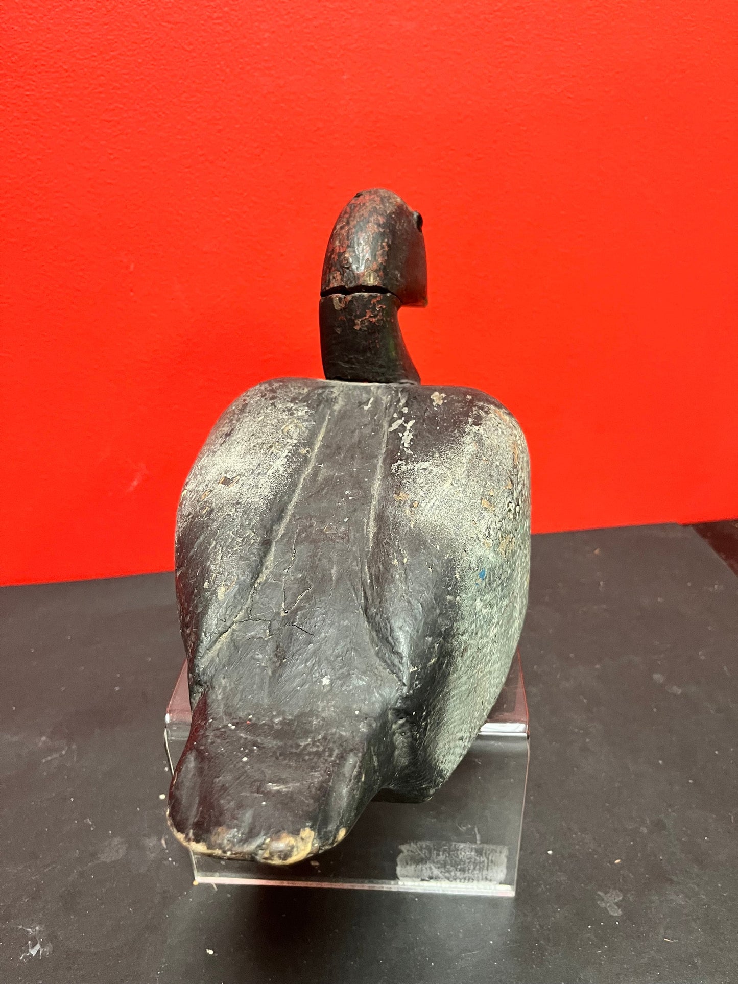 Lovely 13 by 8 inch high antique Canadian late 19 century duck decoy  wonderful patina, and a crack in the neck  wow