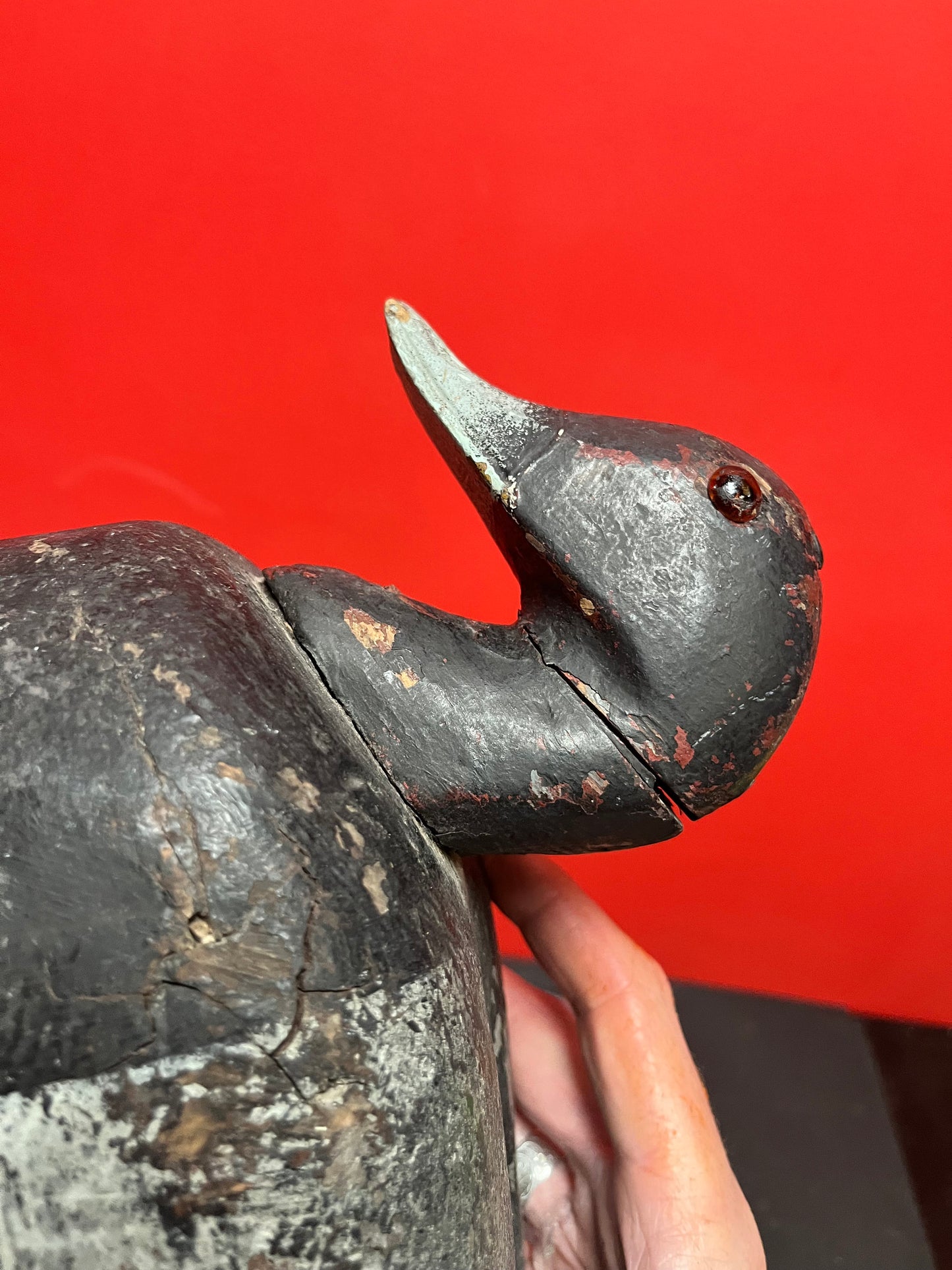 Lovely 13 by 8 inch high antique Canadian late 19 century duck decoy  wonderful patina, and a crack in the neck  wow