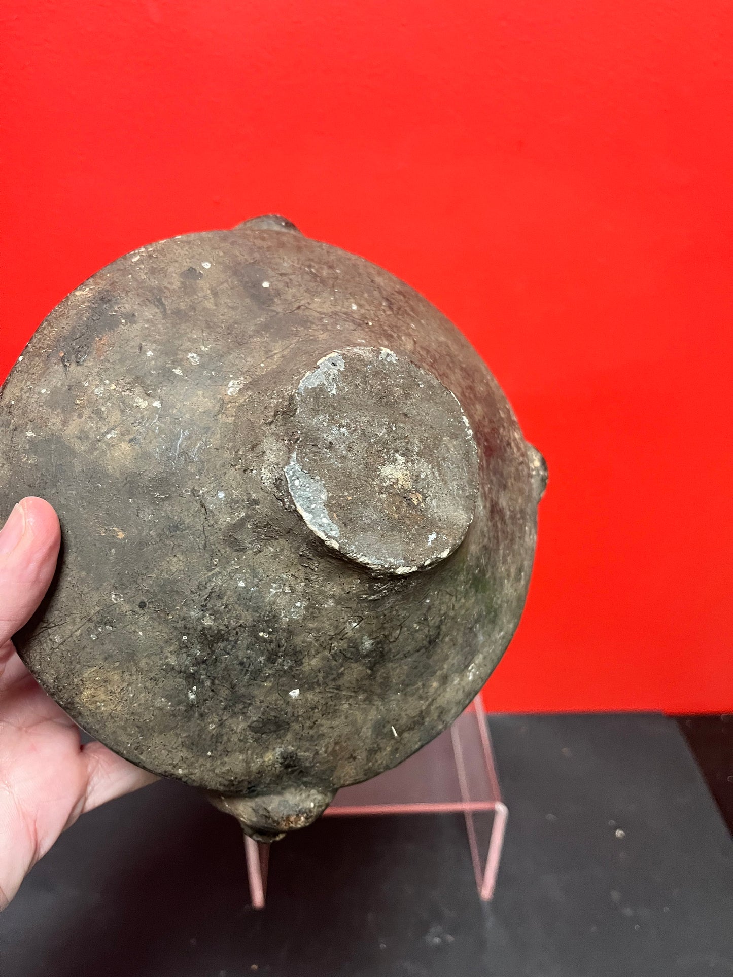 6 x 6  inch rare museum quality 19th century or earlier African pottery bowl with monkey heads as ancient artifact minor damage due to age