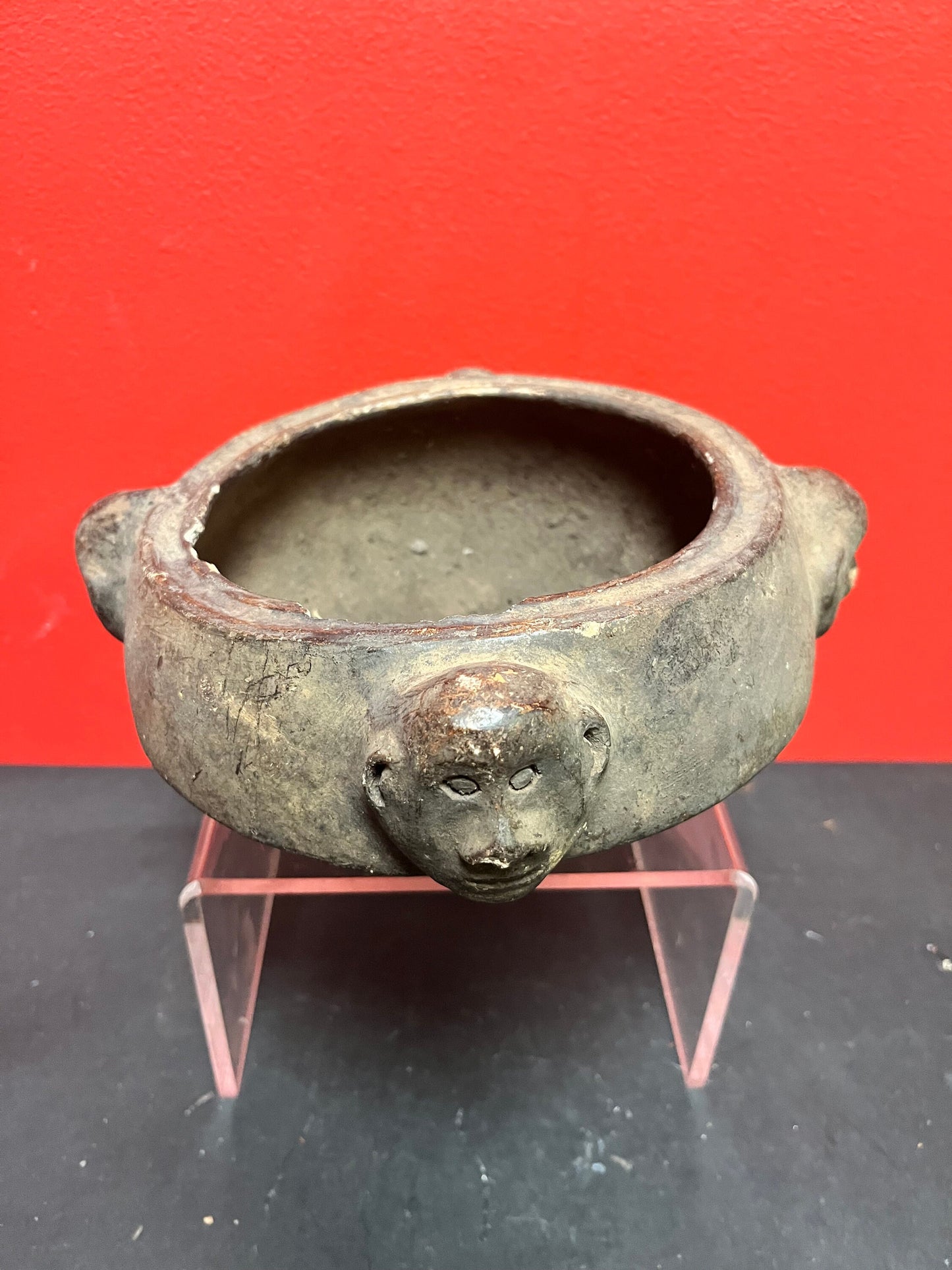 6 x 6  inch rare museum quality 19th century or earlier African pottery bowl with monkey heads as ancient artifact minor damage due to age