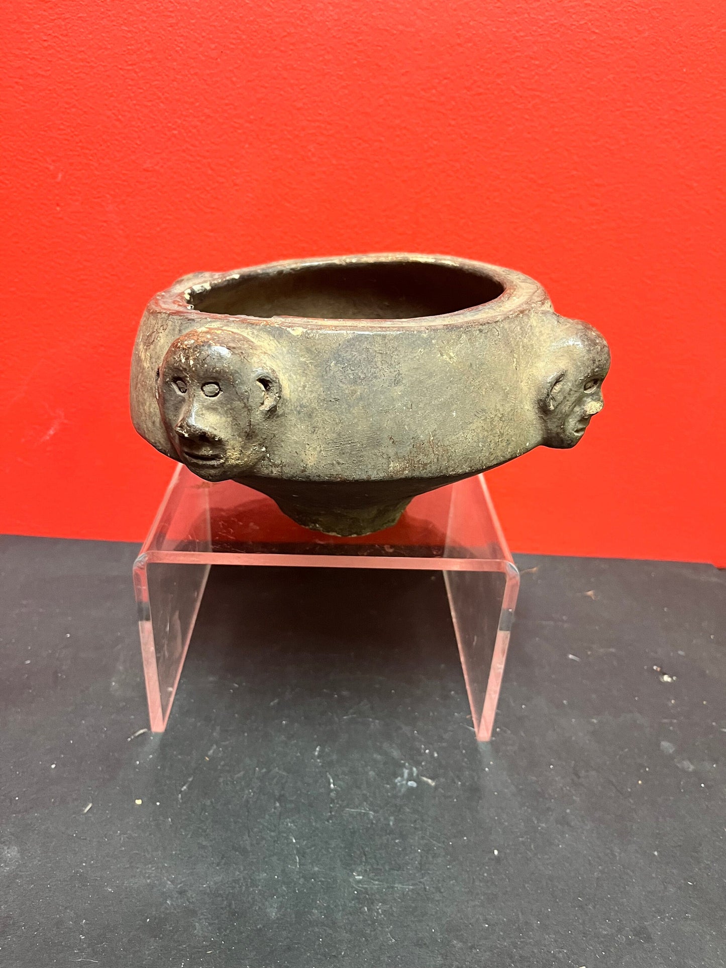 6 x 6  inch rare museum quality 19th century or earlier African pottery bowl with monkey heads as ancient artifact minor damage due to age