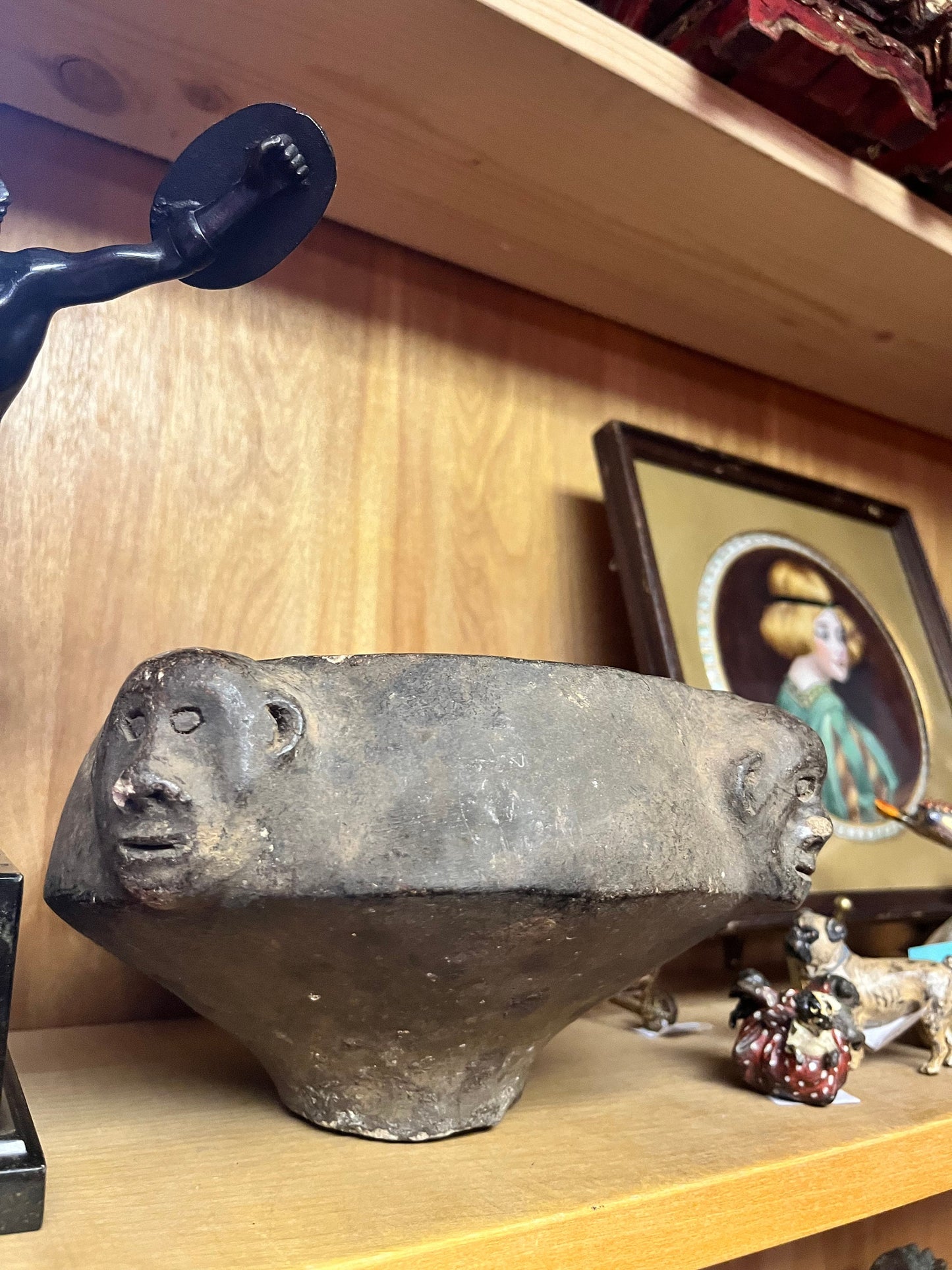 6 x 6  inch rare museum quality 19th century or earlier African pottery bowl with monkey heads as ancient artifact minor damage due to age