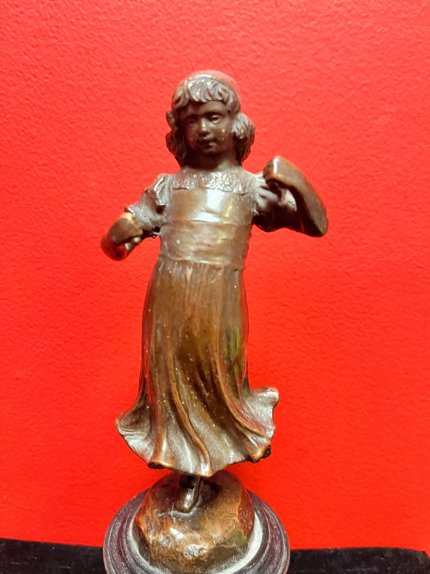 Spectacular 11 inch tall signed and dated 1906 bronze lady on wood stand  wonderful Patina and quality  bronze antique beauty!