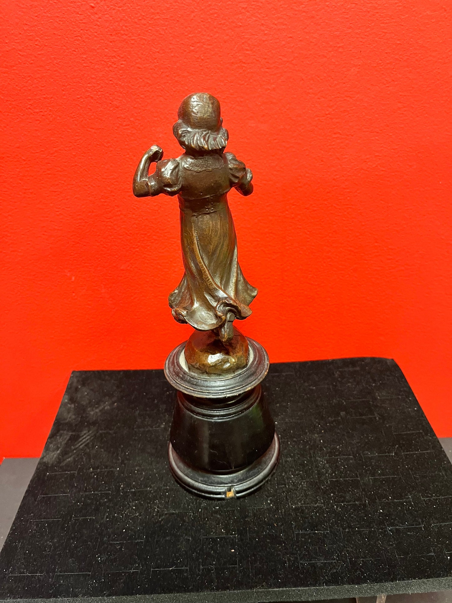 Spectacular 11 inch tall signed and dated 1906 bronze lady on wood stand  wonderful Patina and quality  bronze antique beauty!