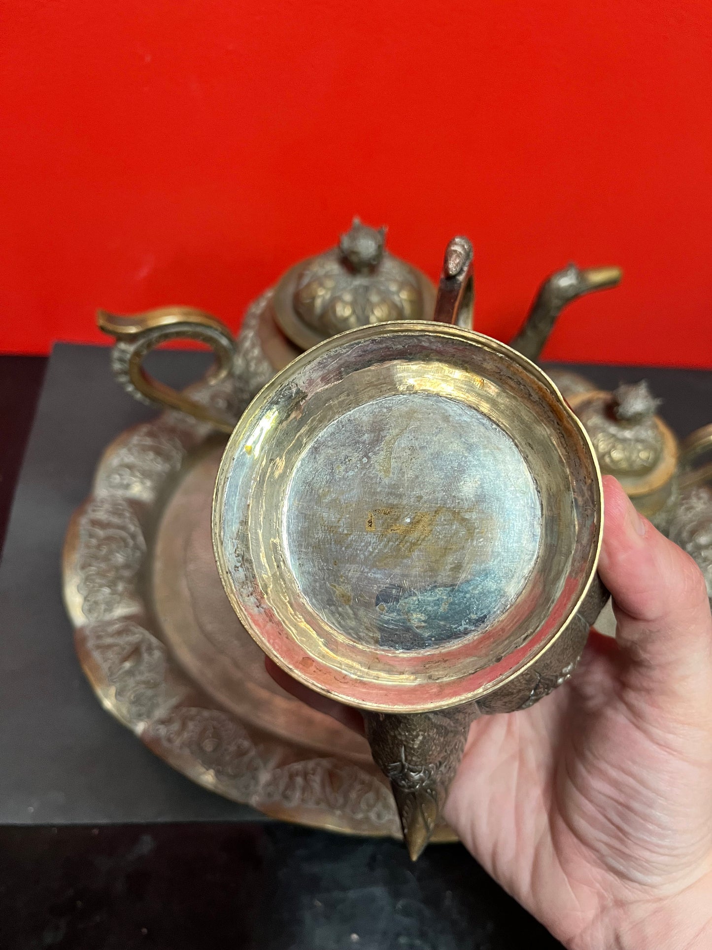 A  Fabulous antique high-quality heavy Persian untested silver tea set on 17 inch long tray  important historical set  some wear-
