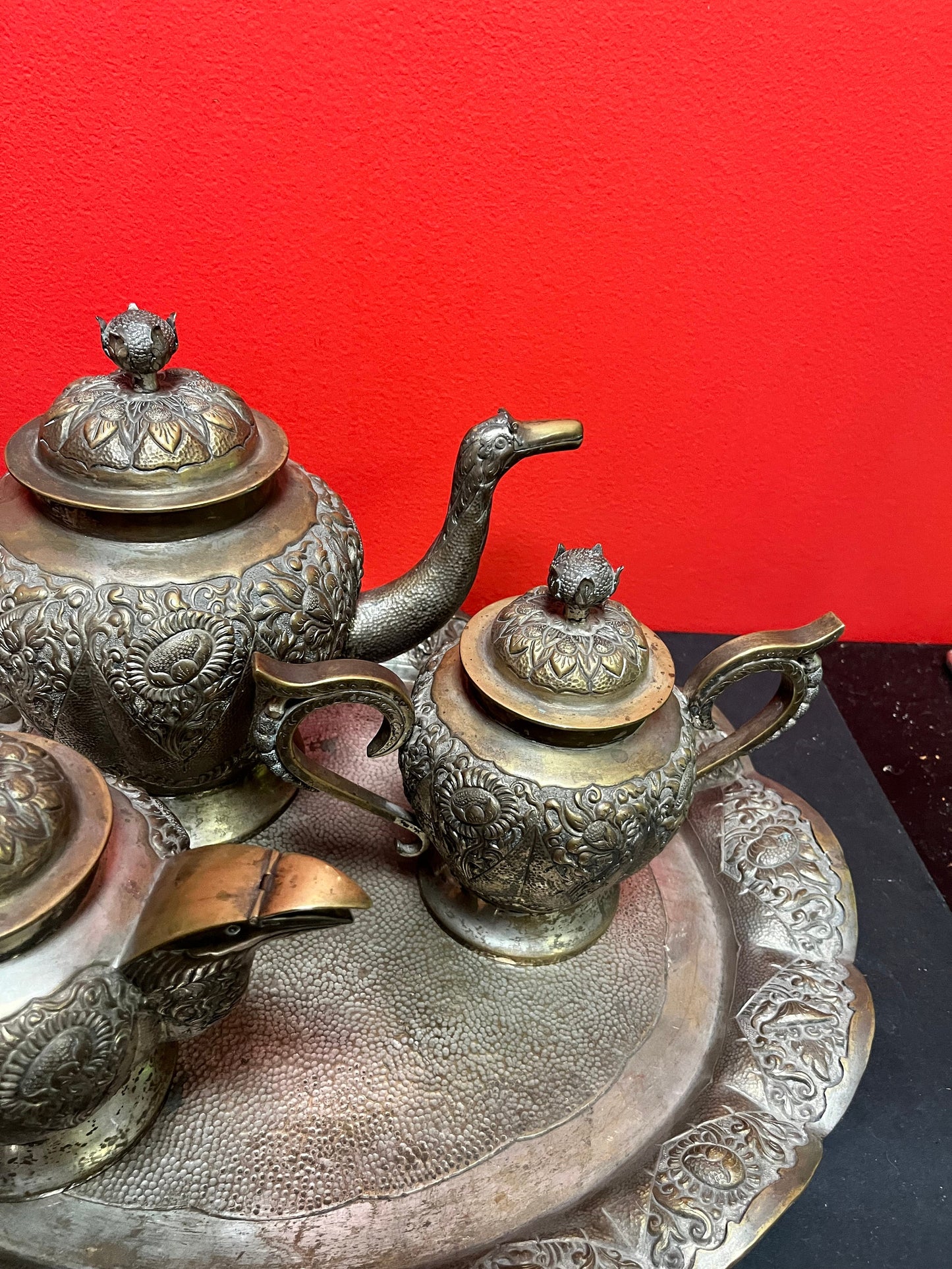 A  Fabulous antique high-quality heavy Persian untested silver tea set on 17 inch long tray  important historical set  some wear-