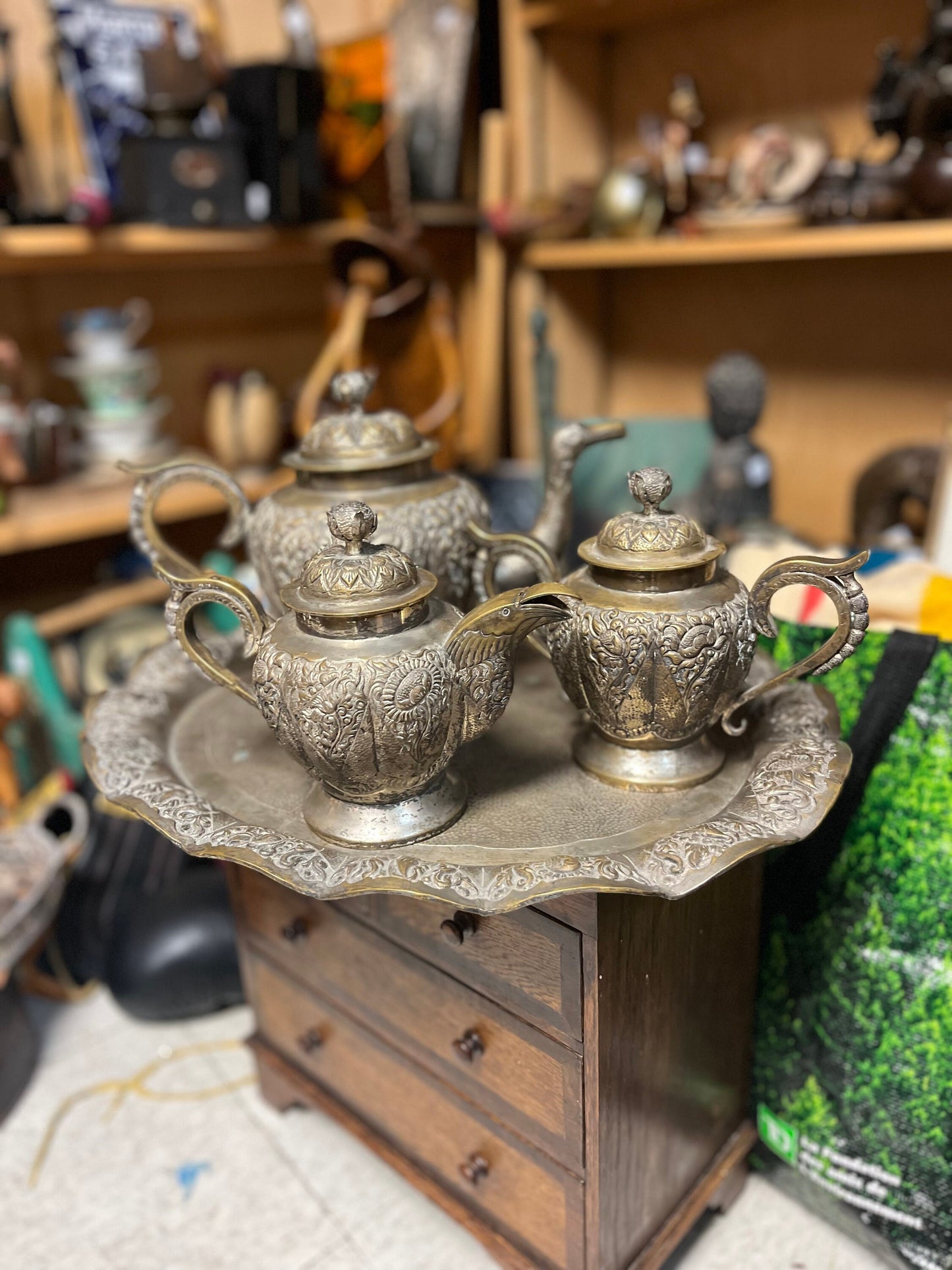 A  Fabulous antique high-quality heavy Persian untested silver tea set on 17 inch long tray  important historical set  some wear-