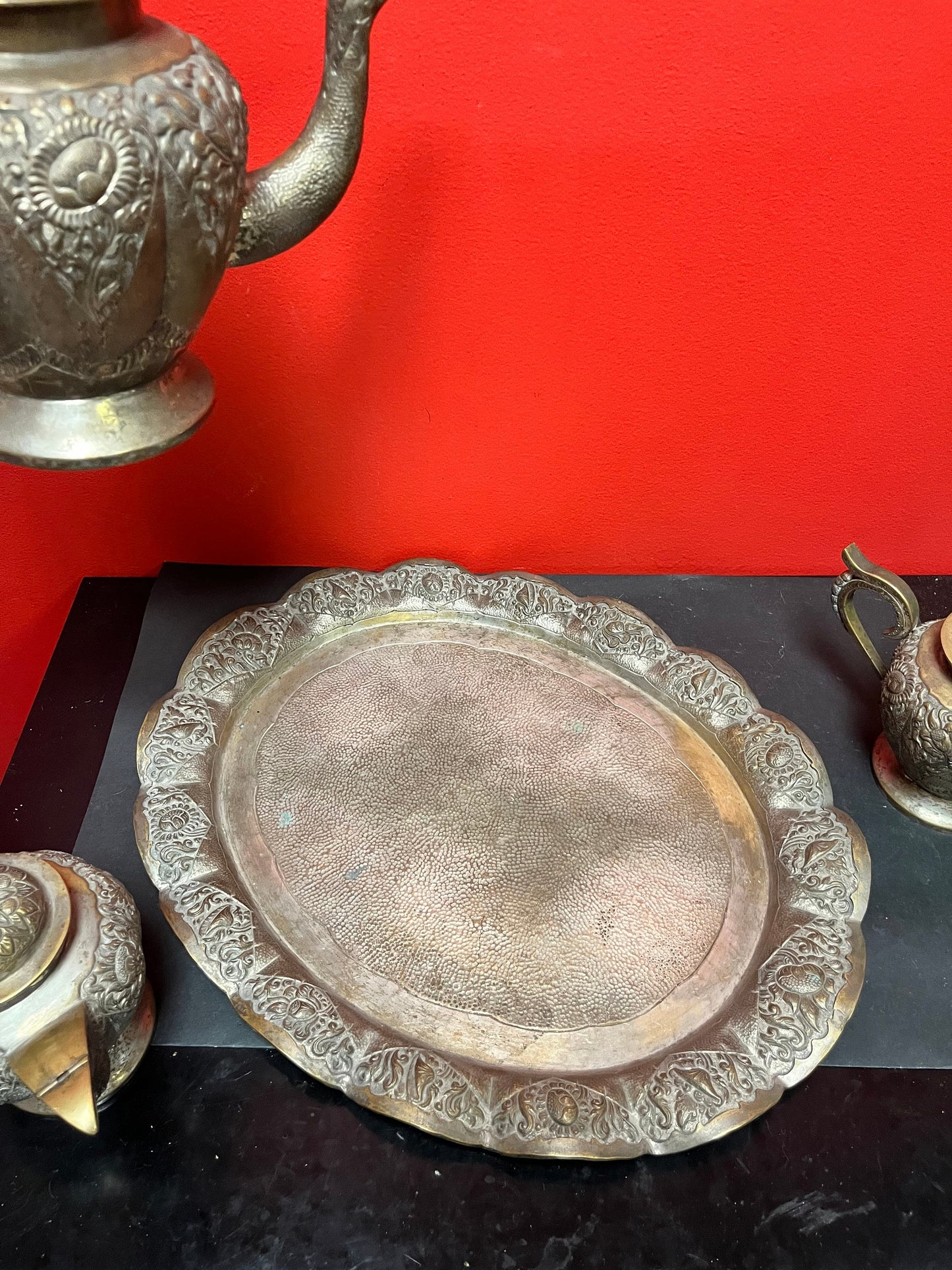 A  Fabulous antique high-quality heavy Persian untested silver tea set on 17 inch long tray  important historical set  some wear-