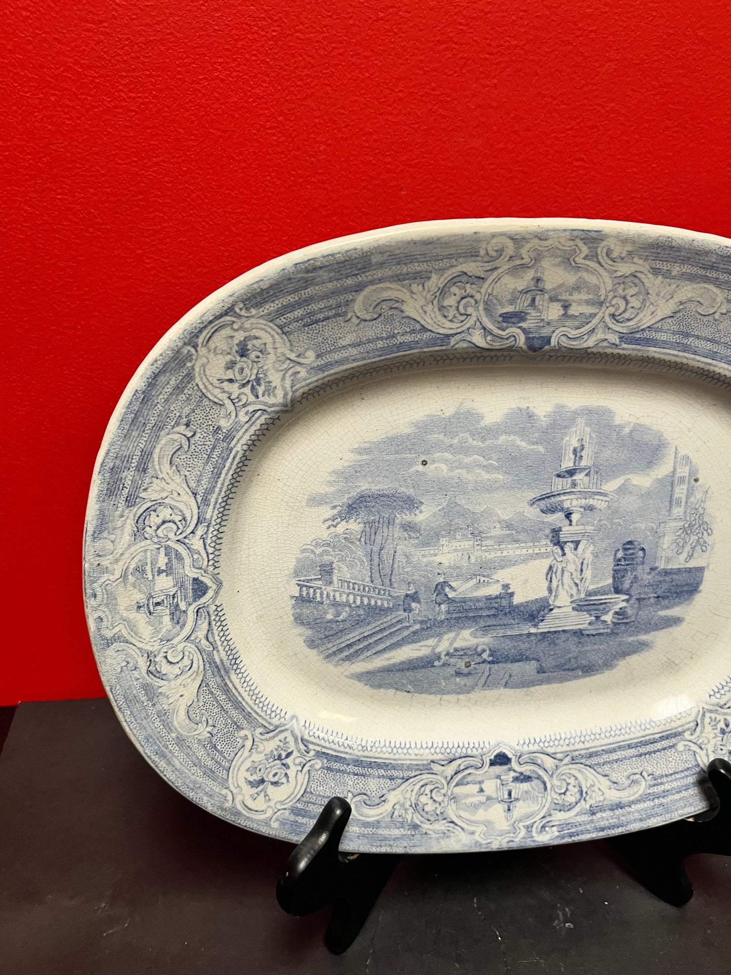 Stunning early 19th century perfect condition English blue and white platter  fabulous scene
