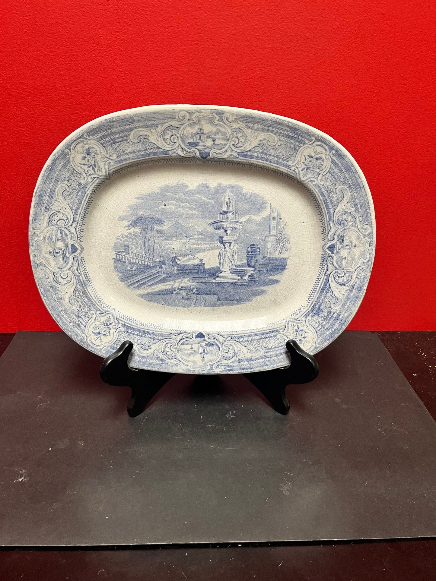 Stunning early 19th century perfect condition English blue and white platter  fabulous scene