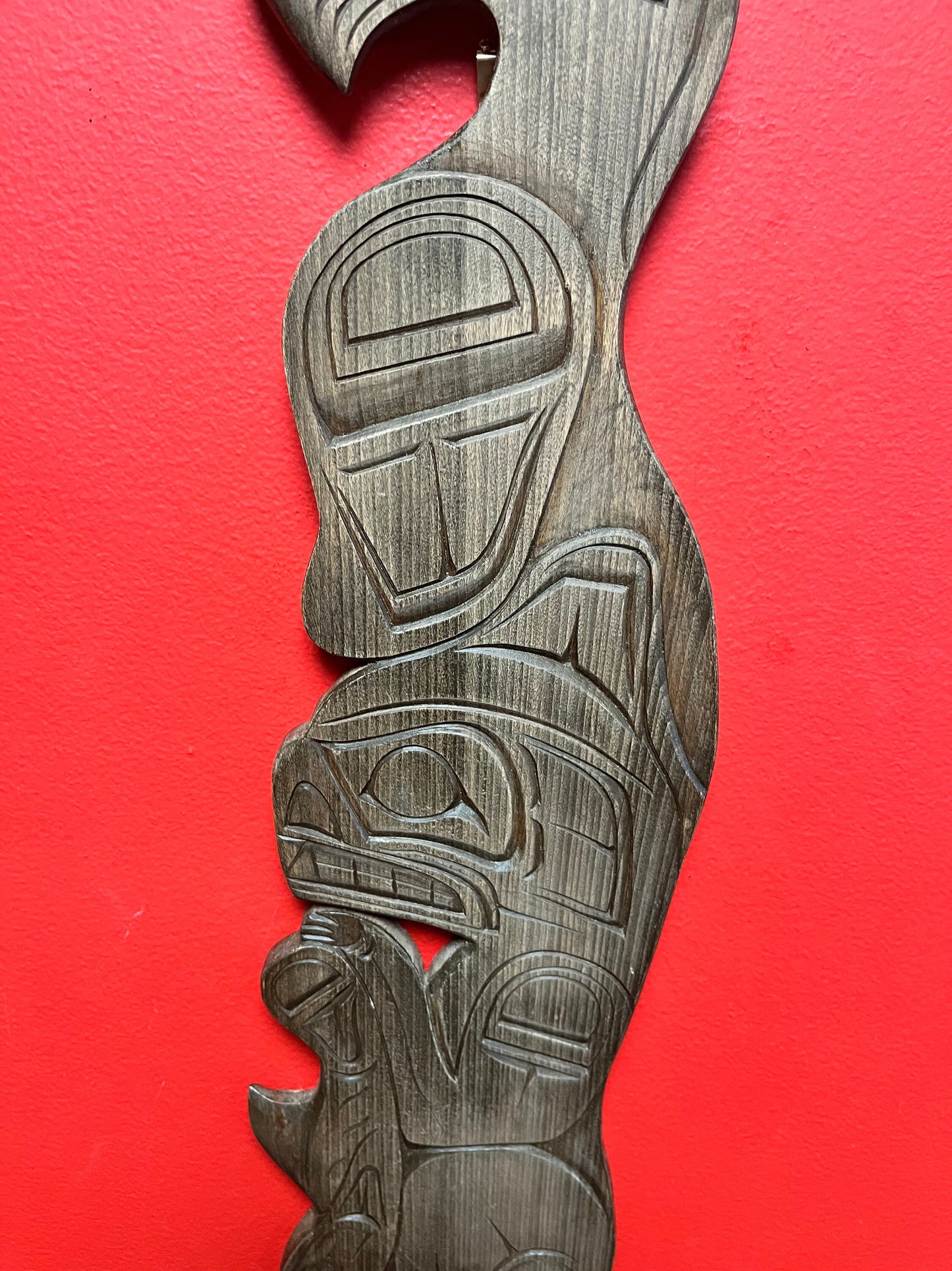Signed 21 x 5 inch Wide indigenous first nations Pacific Northwest coast plaque of an eagle bear and fish