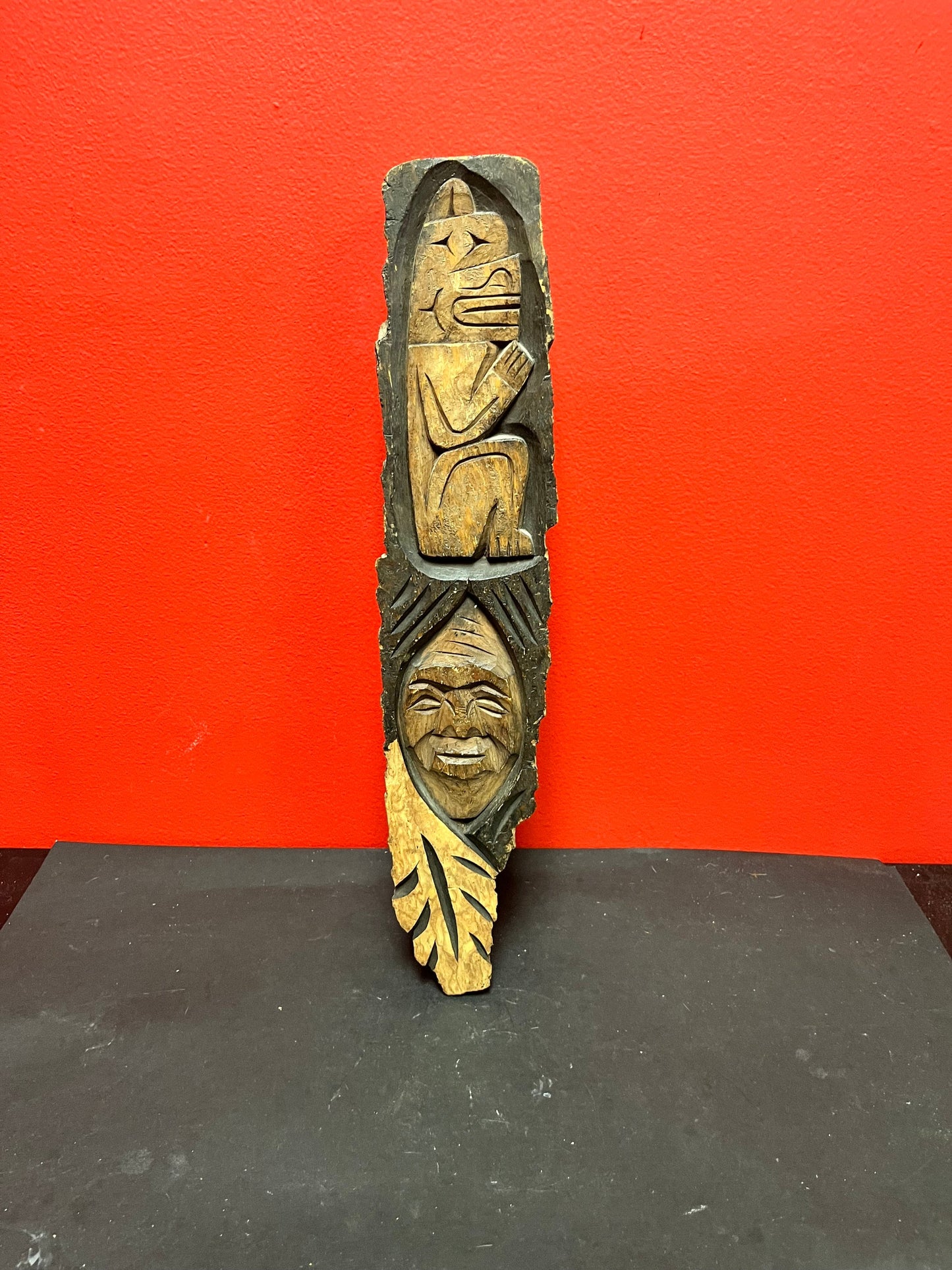 Lovely 17 x 3“ wide WANIK Garrison 1979 indigenous first nations Pacific northwest coast signed live Edge wood  plaque  needs hanger