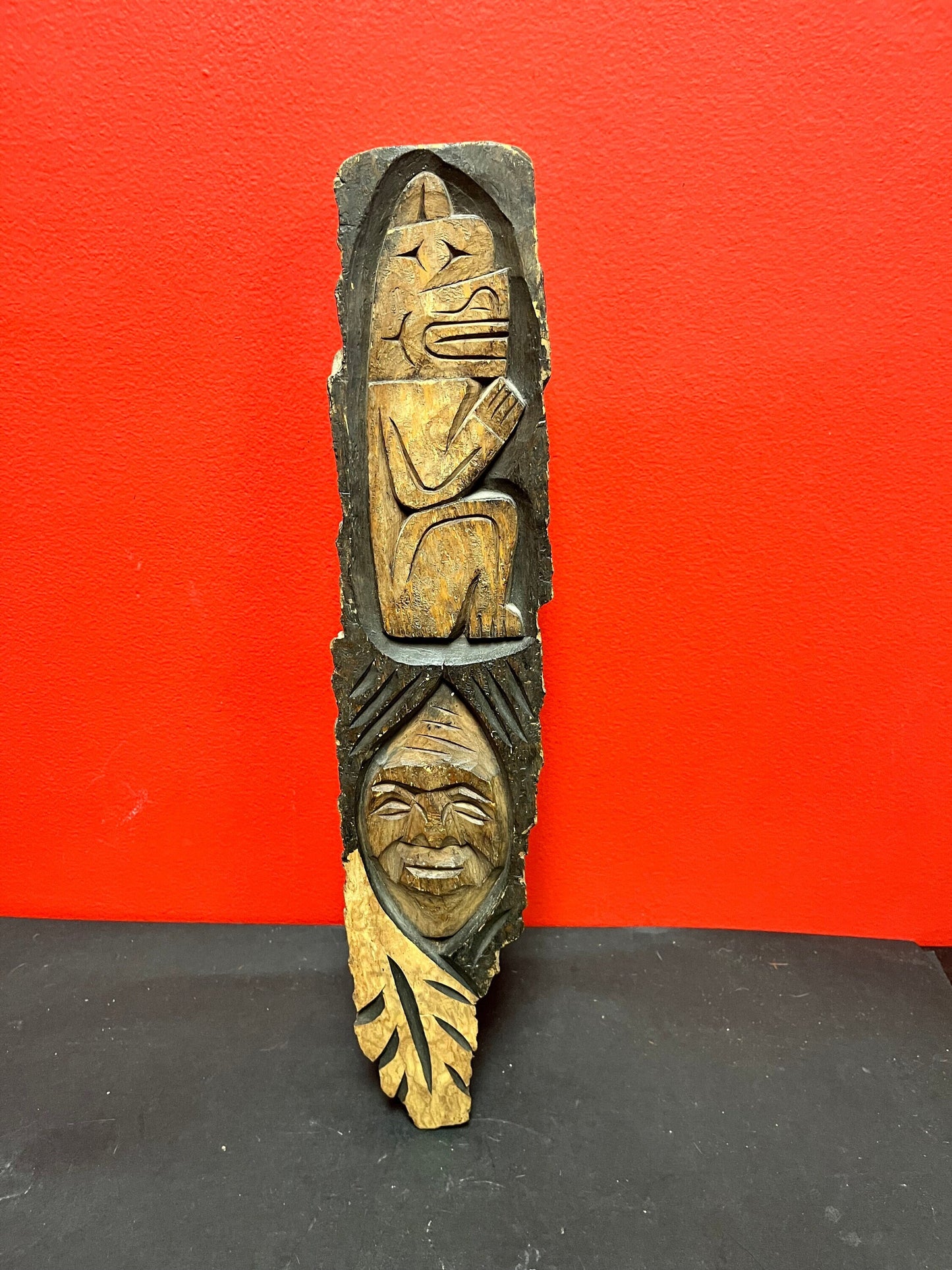 Lovely 17 x 3“ wide WANIK Garrison 1979 indigenous first nations Pacific northwest coast signed live Edge wood  plaque  needs hanger