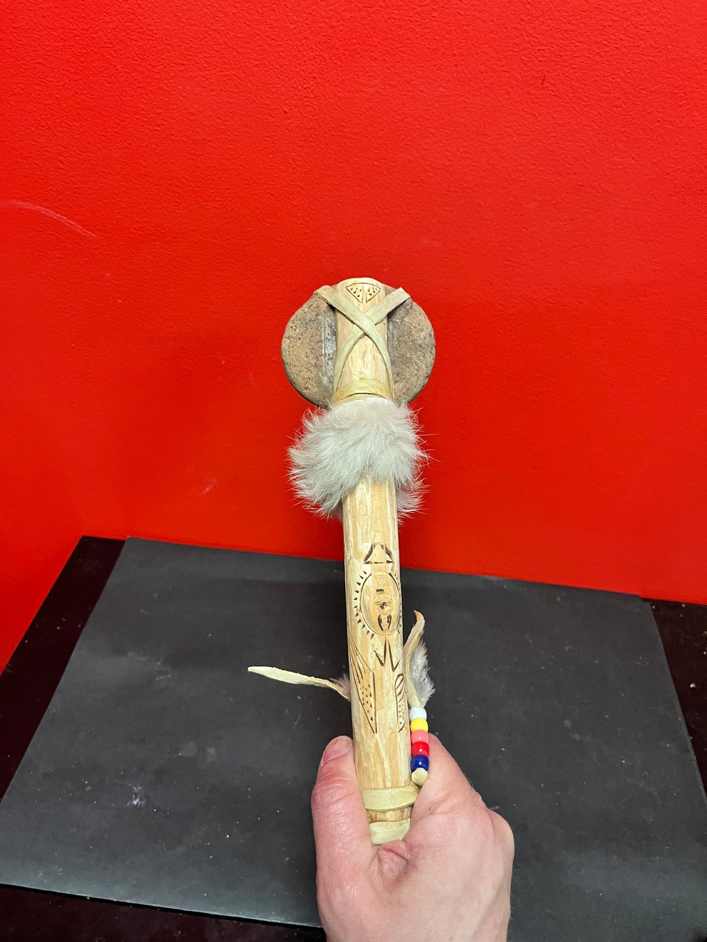 12 inch long leather beaded and stone model tomahawk   indigenous beauty