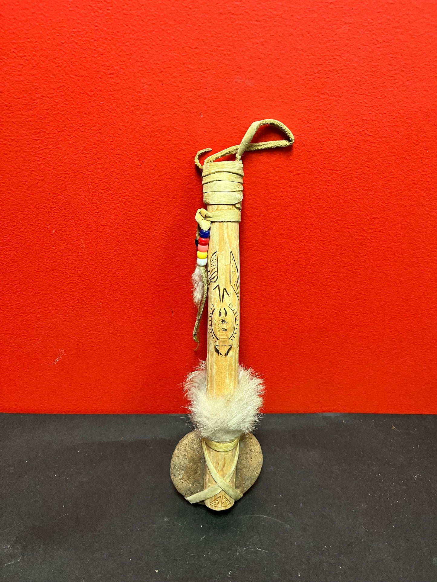 12 inch long leather beaded and stone model tomahawk   indigenous beauty