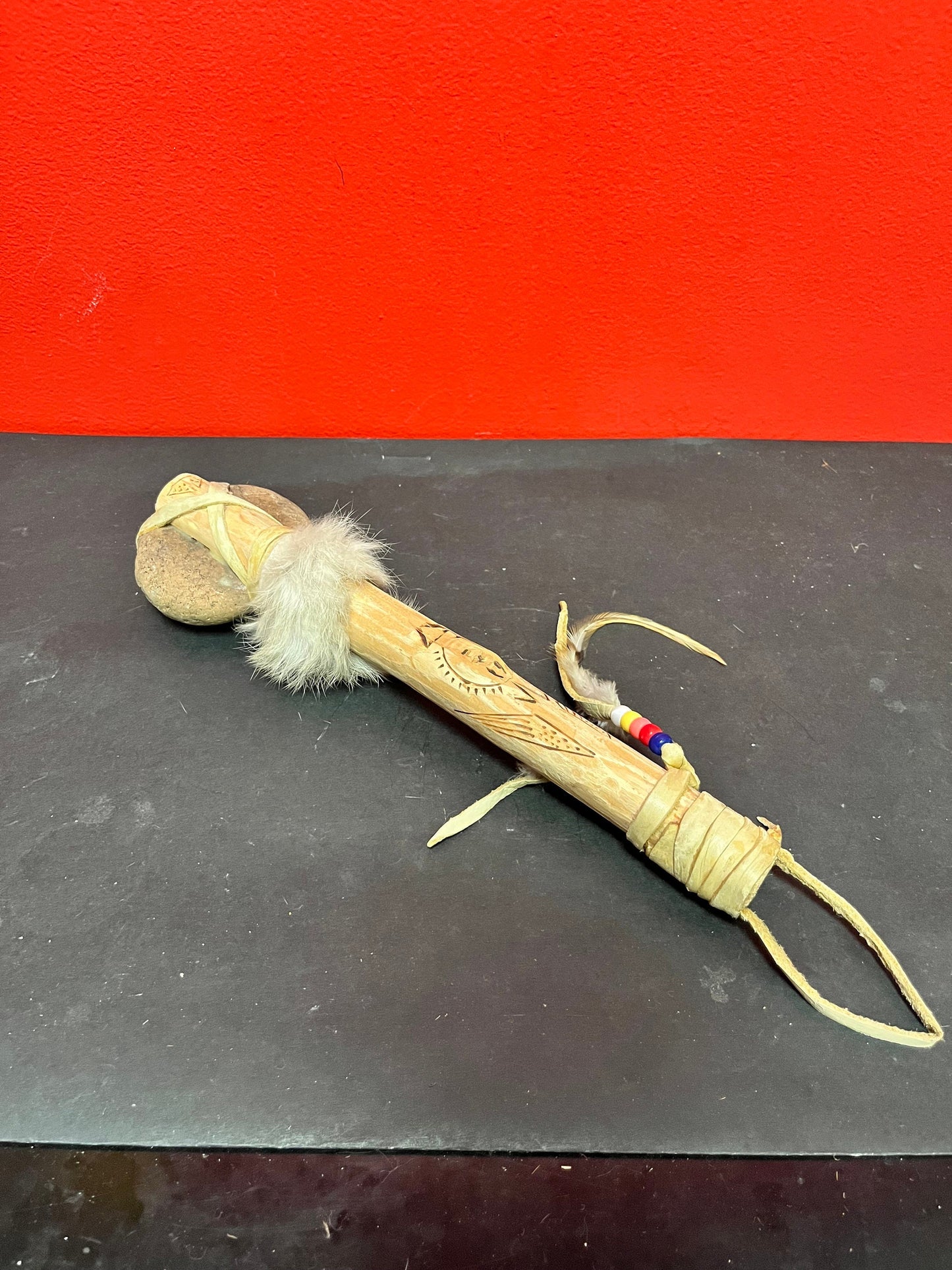 12 inch long leather beaded and stone model tomahawk   indigenous beauty