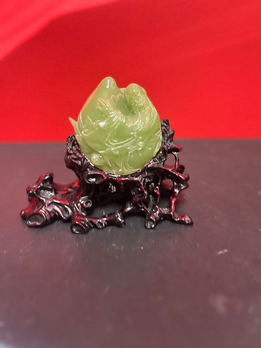 Exceptional Chinese 7 x 6 high signed Jade Confucius with pear on wooden stand  Perfect condition