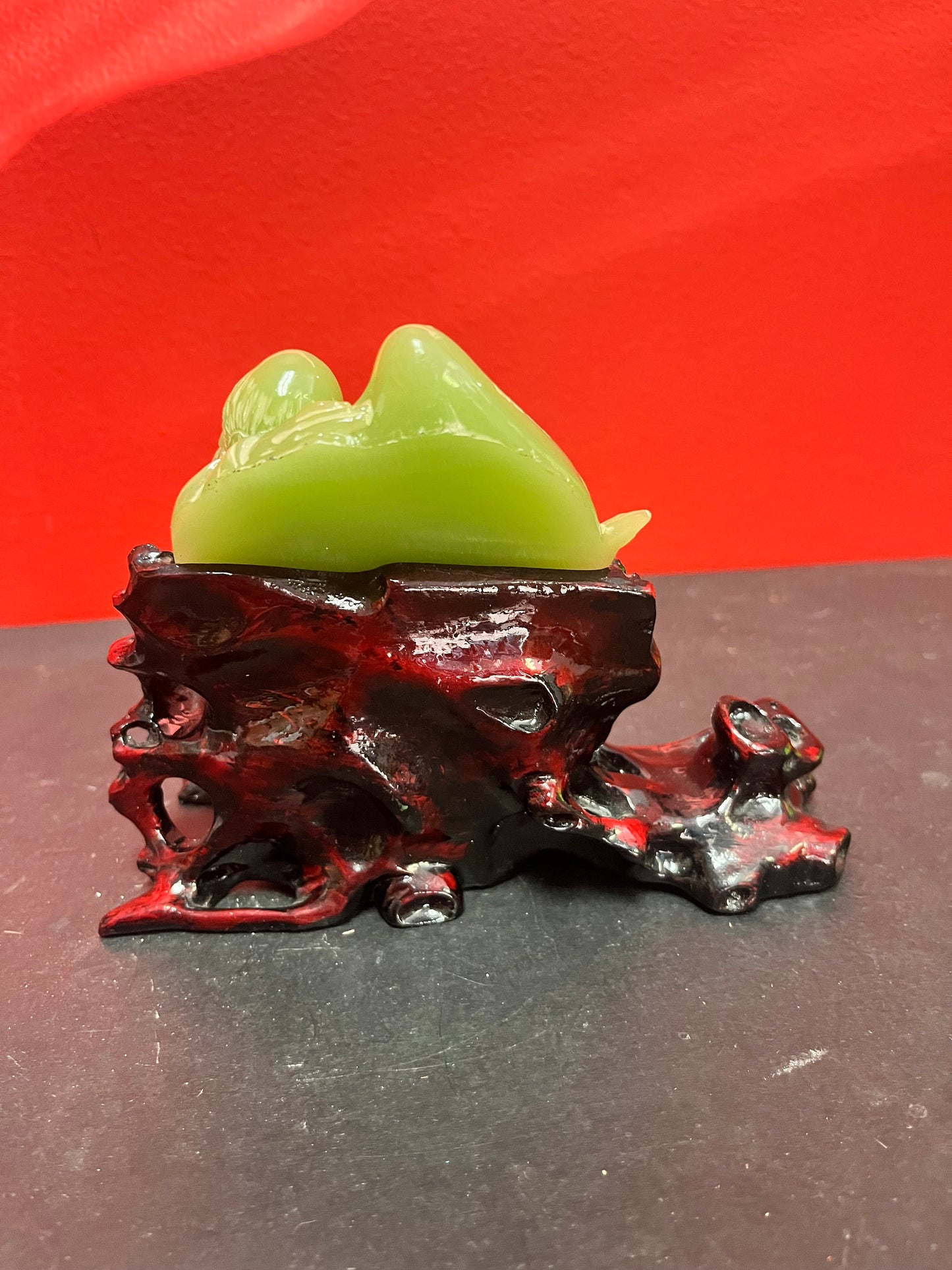 Exceptional Chinese 7 x 6 high signed Jade Confucius with pear on wooden stand  Perfect condition