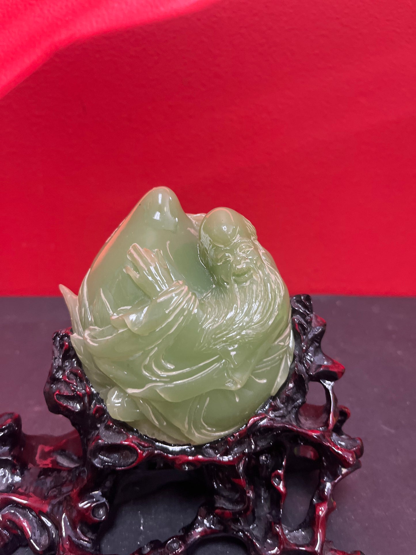 Exceptional Chinese 7 x 6 high signed Jade Confucius with pear on wooden stand  Perfect condition