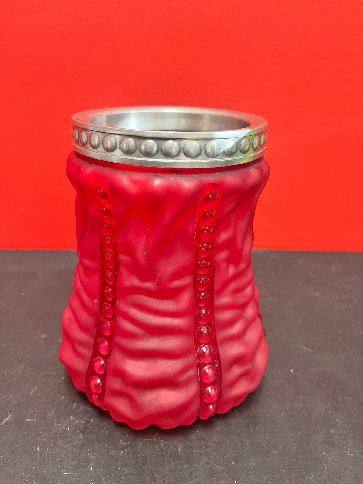 Stunning antique English 6 inch high ruby glass vase with silver plate top  Mint condition and illuminating effect