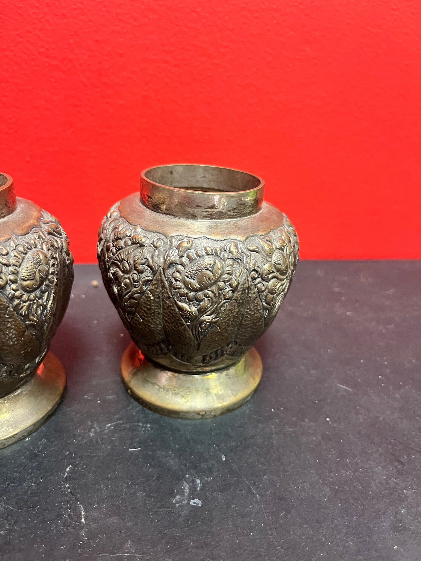 Lovely pair Persian silver vases  Untested  5 inches high each
