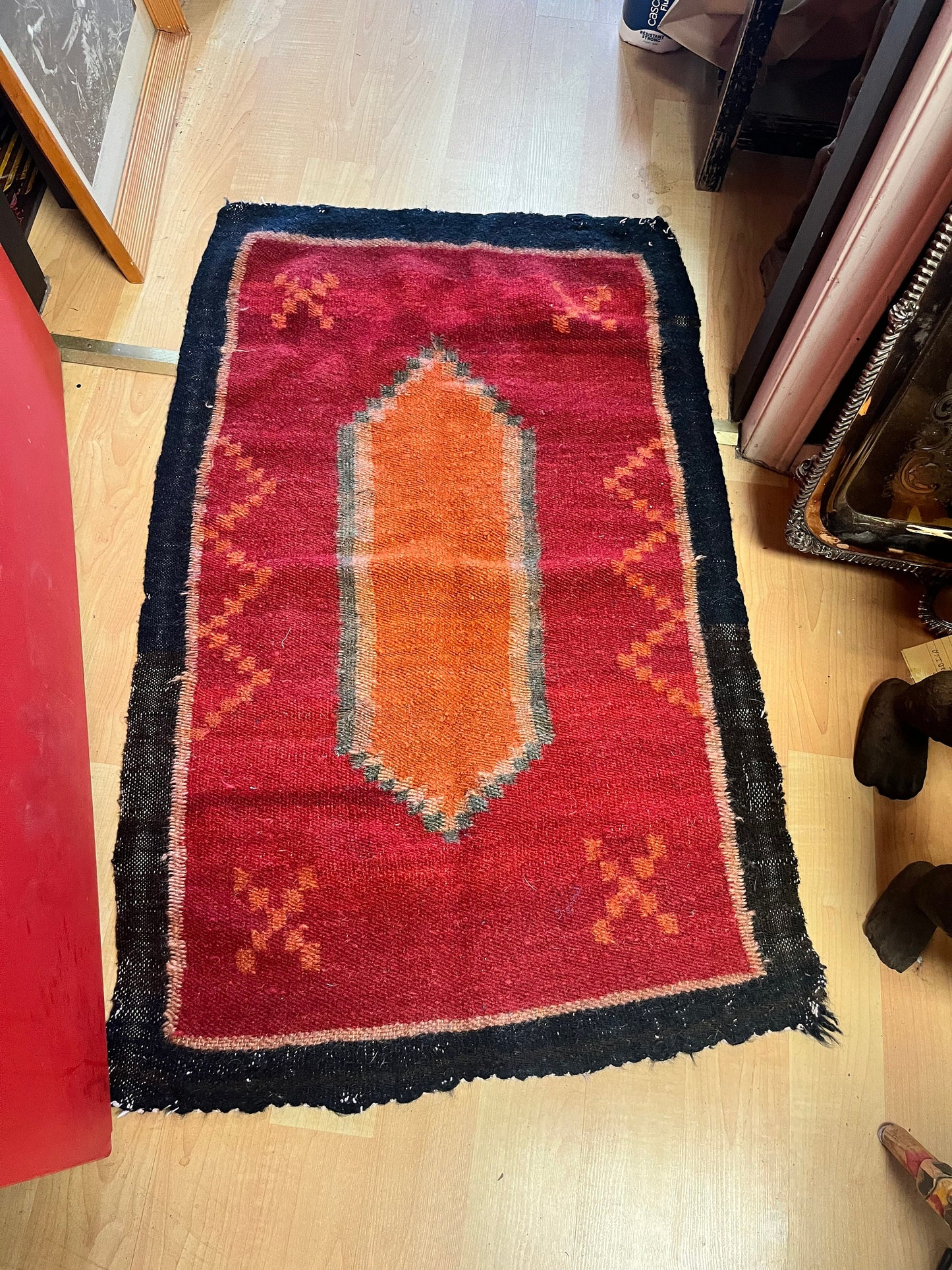 43 x 27 inch tribal wool carpet rug  intense colors, and in antique condition  really fabulous  see photos