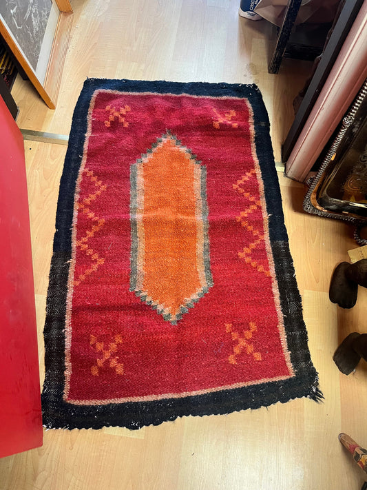 43 x 27 inch tribal wool carpet rug  intense colors, and in antique condition  really fabulous  see photos