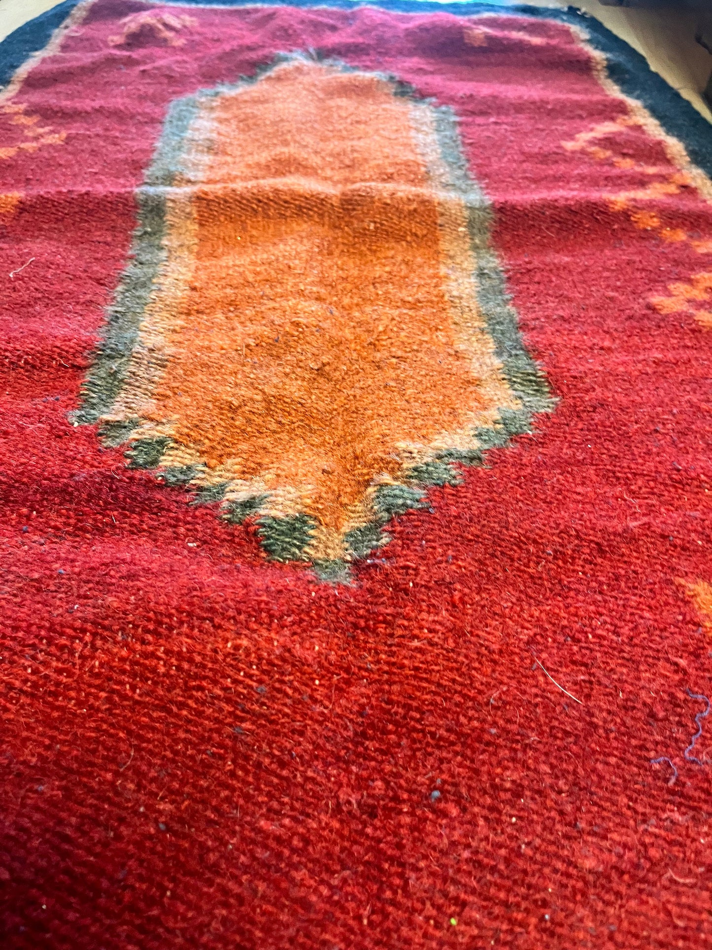 43 x 27 inch tribal wool carpet rug  intense colors, and in antique condition  really fabulous  see photos