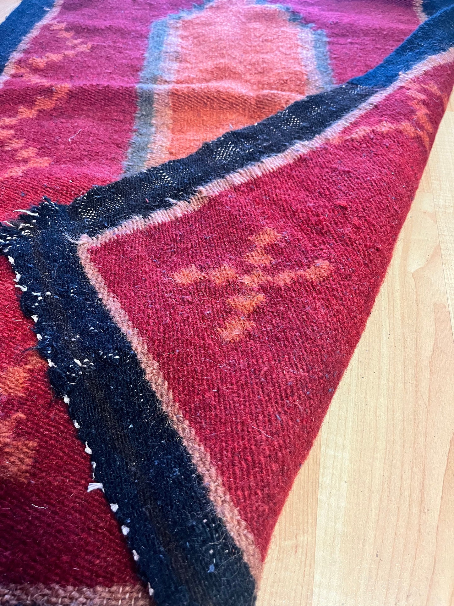 43 x 27 inch tribal wool carpet rug  intense colors, and in antique condition  really fabulous  see photos