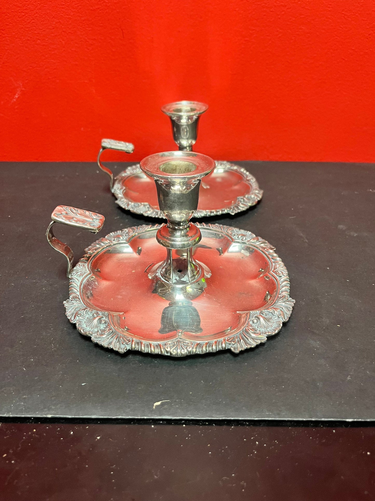 Lovely English silver plated pair of 6 x 5.5 high  chamber candle sticks  exceptional quality, and good condition
