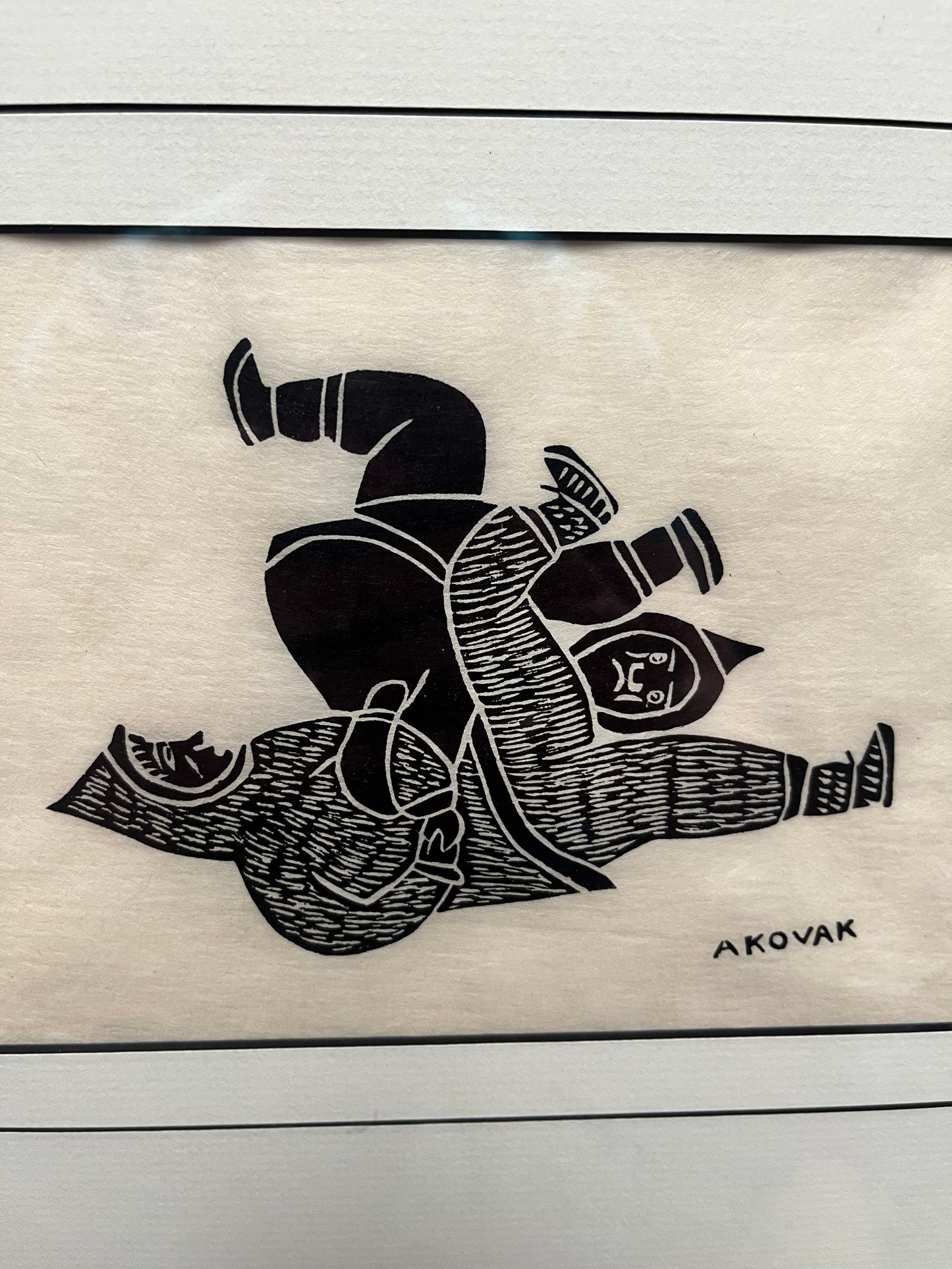 Lovely 14 x 12 inch indigenous Inuit Northwest Territories stone cut handprinted picture in professional frame  simply beautiful  Akovak -