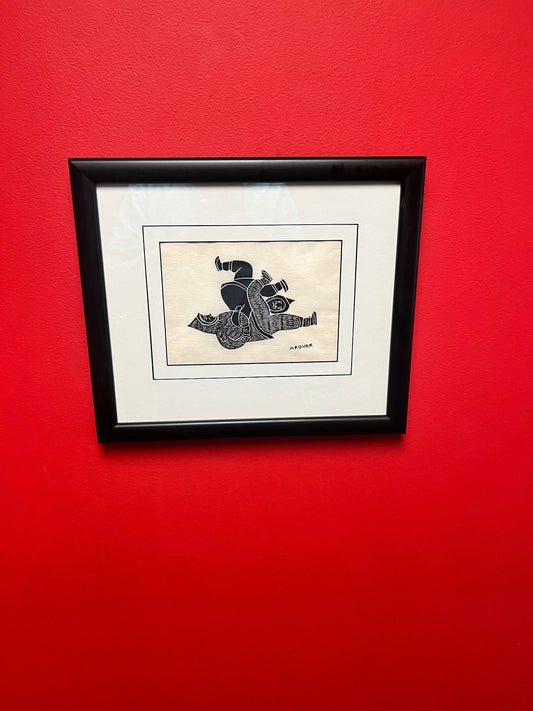 Lovely 14 x 12 inch indigenous Inuit Northwest Territories stone cut handprinted picture in professional frame  simply beautiful  Akovak -