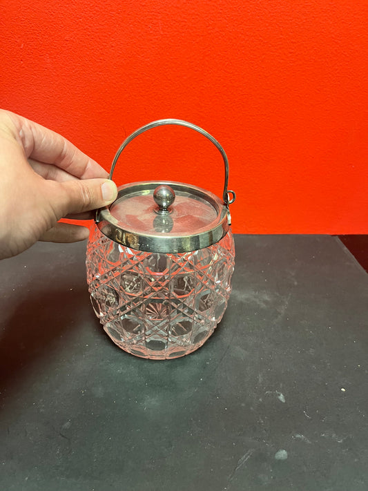 Lovely English silver plated and crystal 9 inch tall cookie jar   perfect condition.  a great gift or for your own home