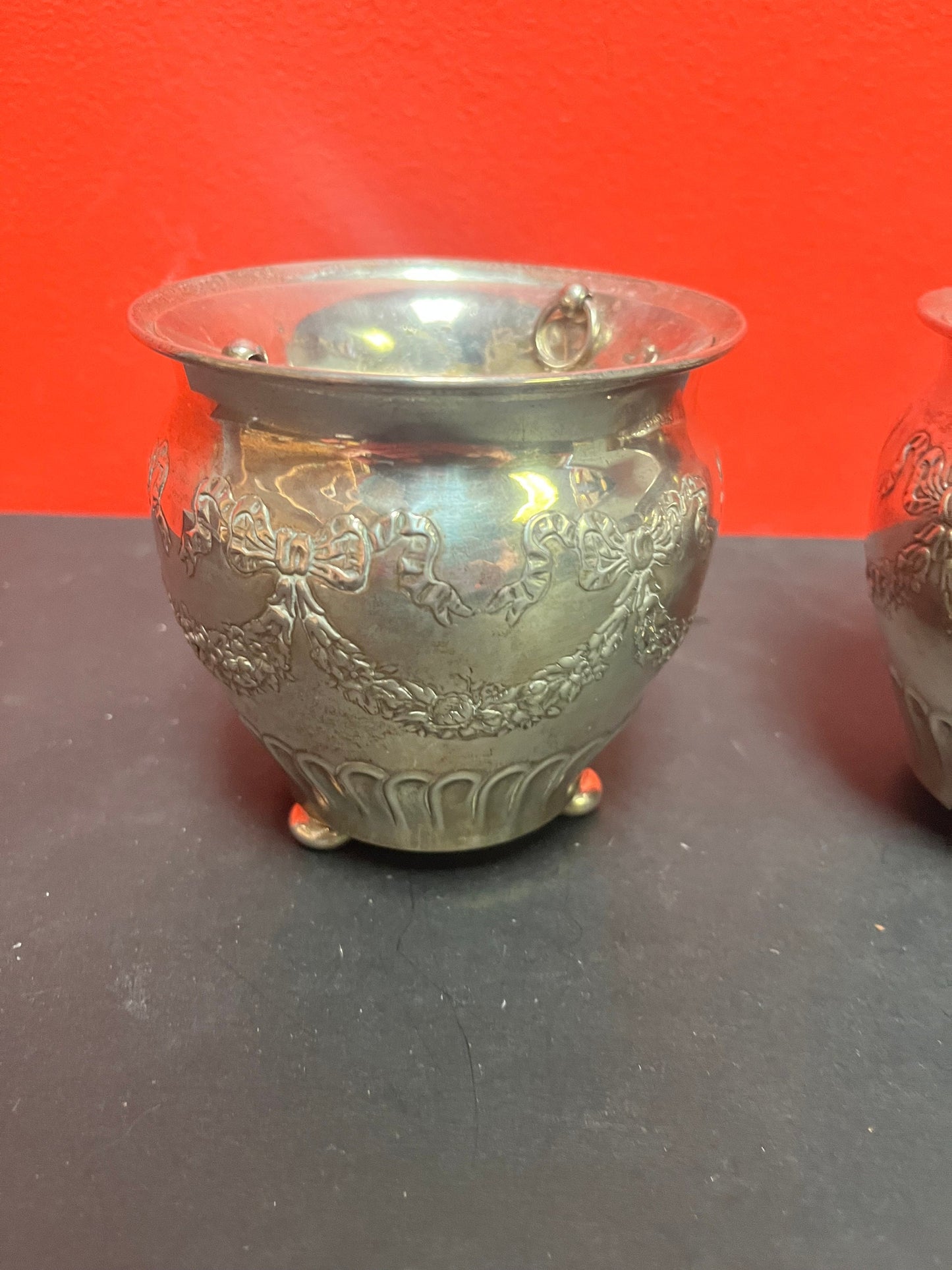 A  Lovely pair of heavy 4 inch high sterling silver planters with silver plated liners   antique top quality  value priced