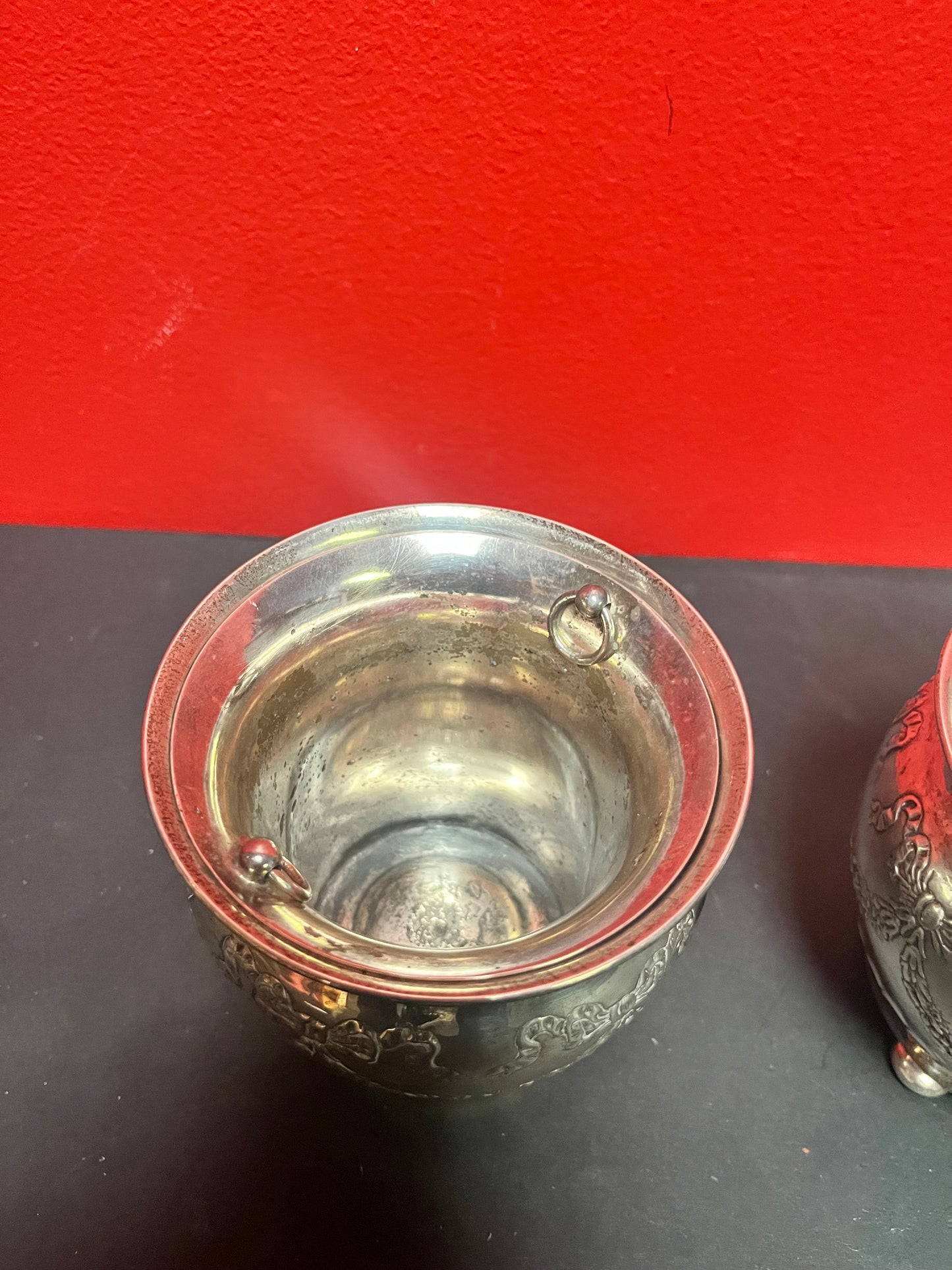 A  Lovely pair of heavy 4 inch high sterling silver planters with silver plated liners   antique top quality  value priced