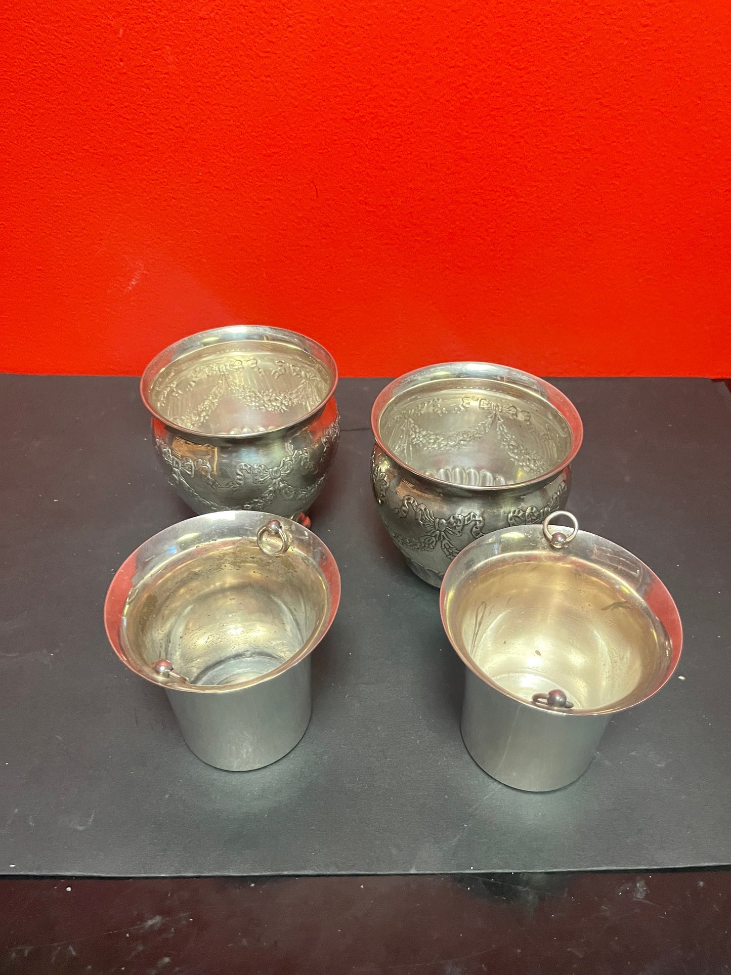 A  Lovely pair of heavy 4 inch high sterling silver planters with silver plated liners   antique top quality  value priced