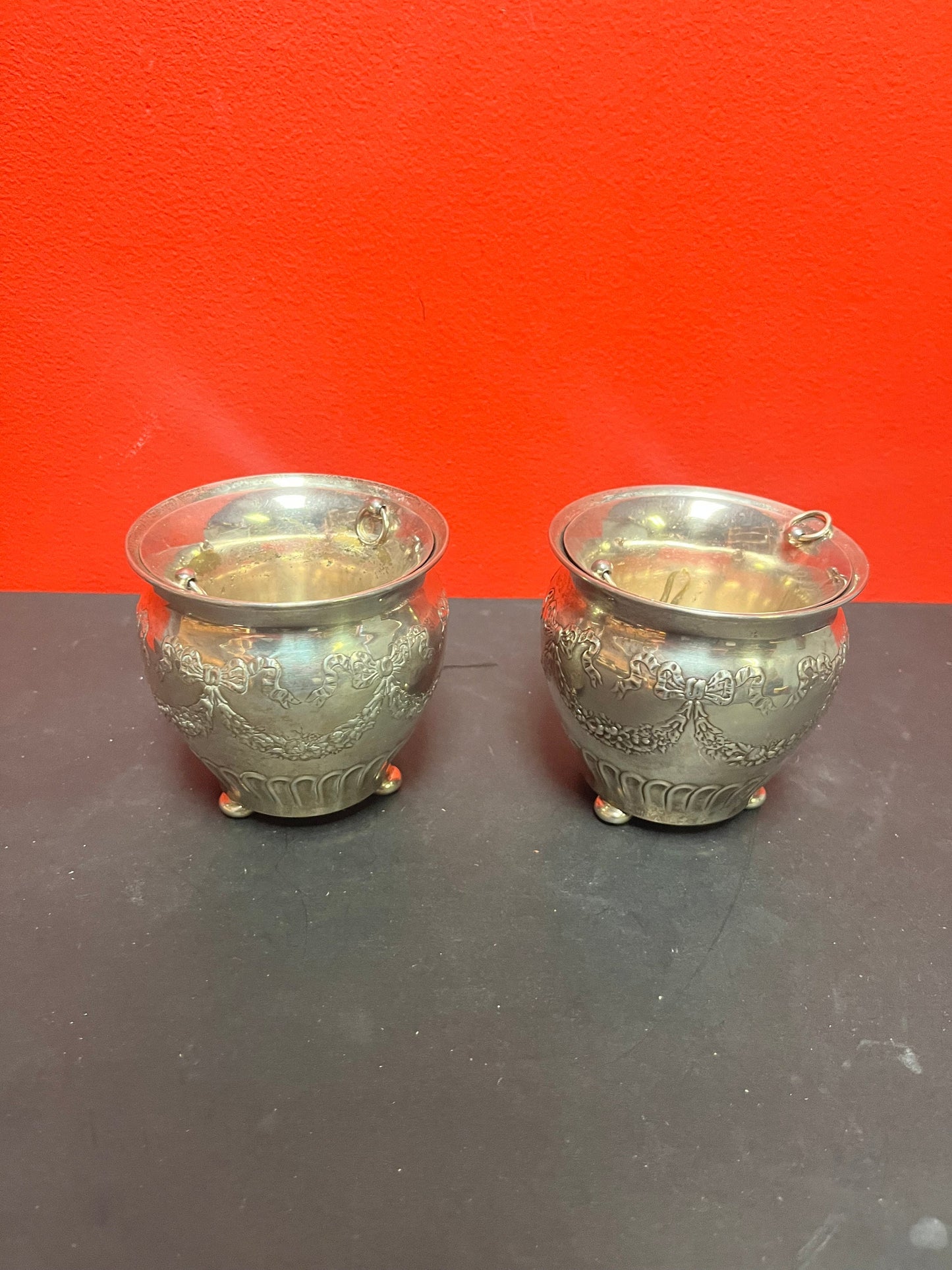 A  Lovely pair of heavy 4 inch high sterling silver planters with silver plated liners   antique top quality  value priced