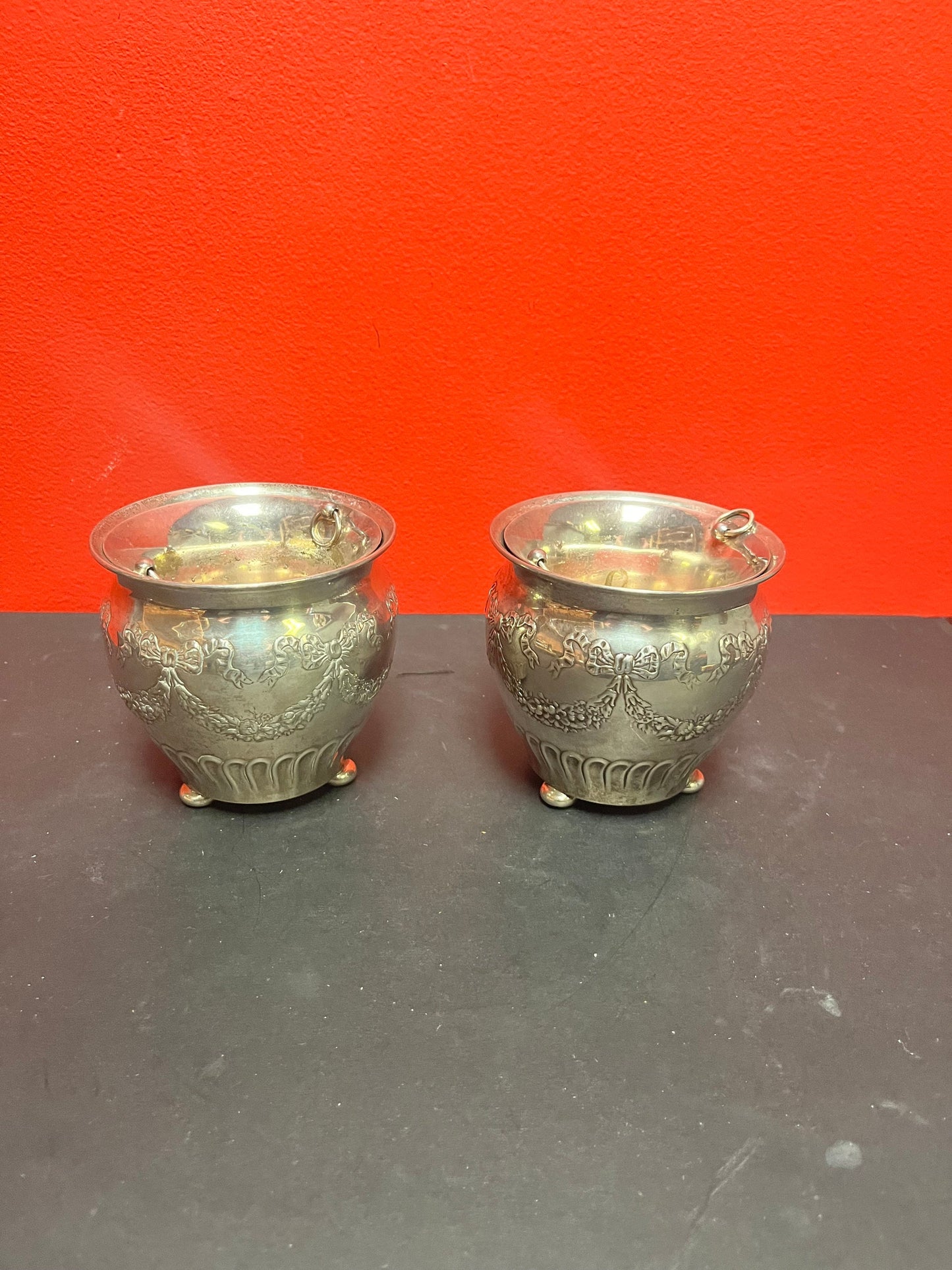 A  Lovely pair of heavy 4 inch high sterling silver planters with silver plated liners   antique top quality  value priced