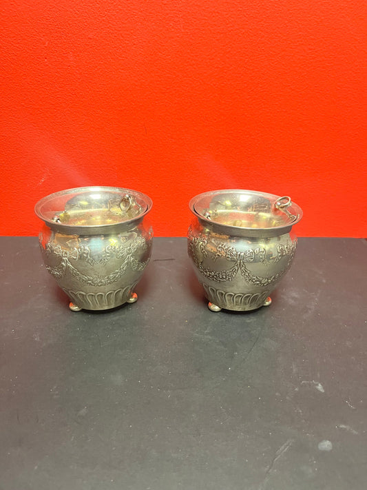 A  Lovely pair of heavy 4 inch high sterling silver planters with silver plated liners   antique top quality  value priced
