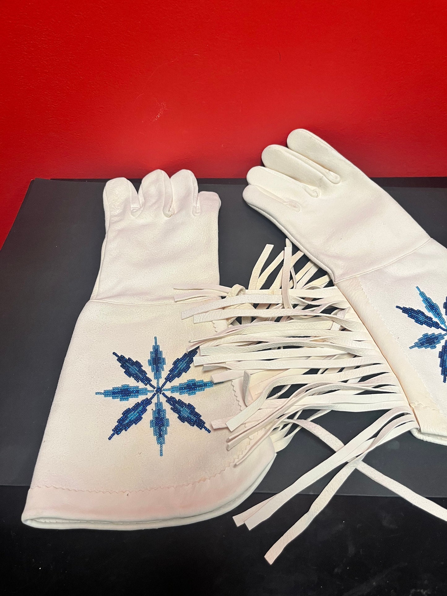 Absolutely fabulous 15 inch long indigenous first nations Pacific Northwest coast leather and beaded gloves   almost perfect condition